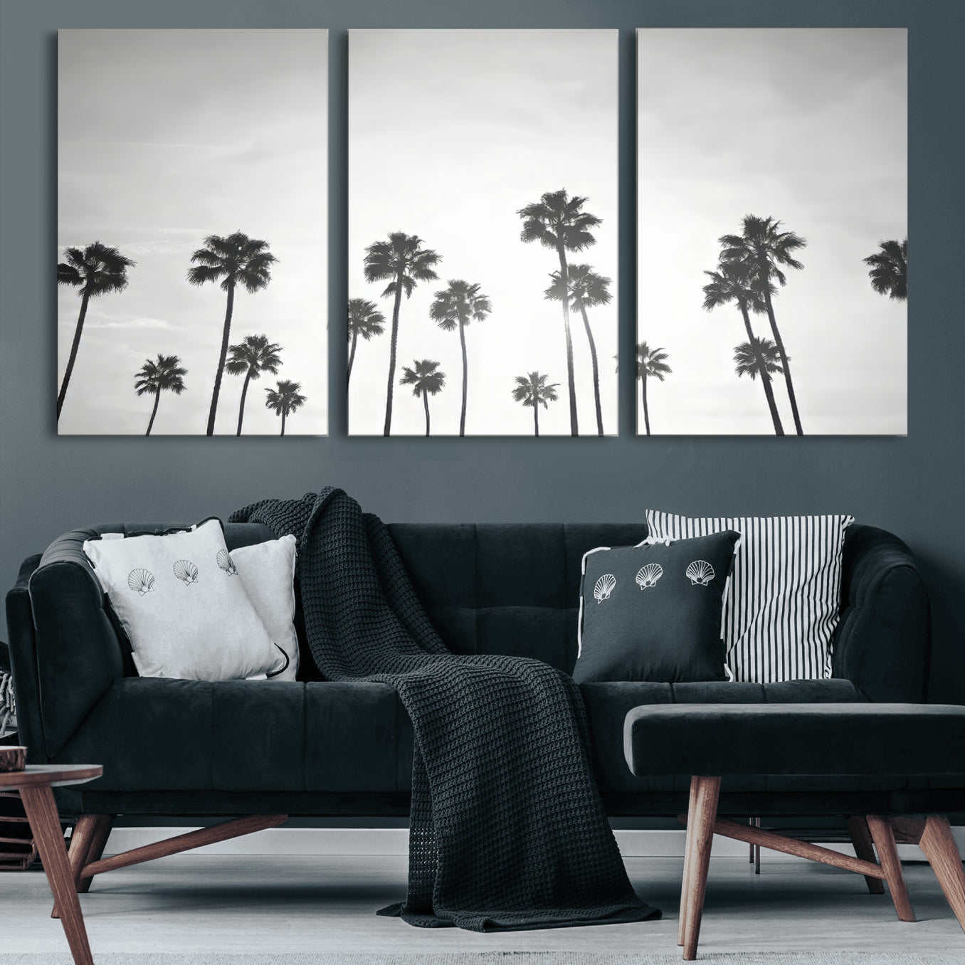 62298277-MGV-CV-60X30-3P-Monochrome Palms Wall Art Canvas Print – Framed Minimalist Silhouetted Trees Artwork for Home, Office, Living Room