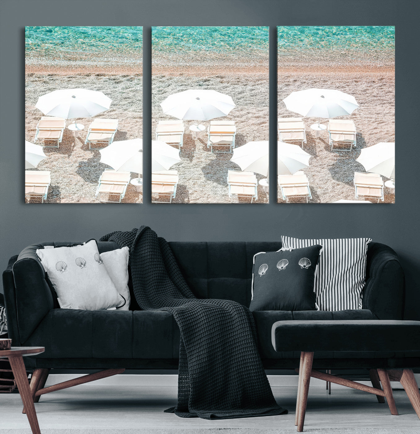 MGV-CV-60X30-3P - Calm Beach Wall Art Canvas Print, Framed Turquoise Water Art Picture Print, Umbrella Shoreline Perfect Coastal Minimalist Decor Artwork