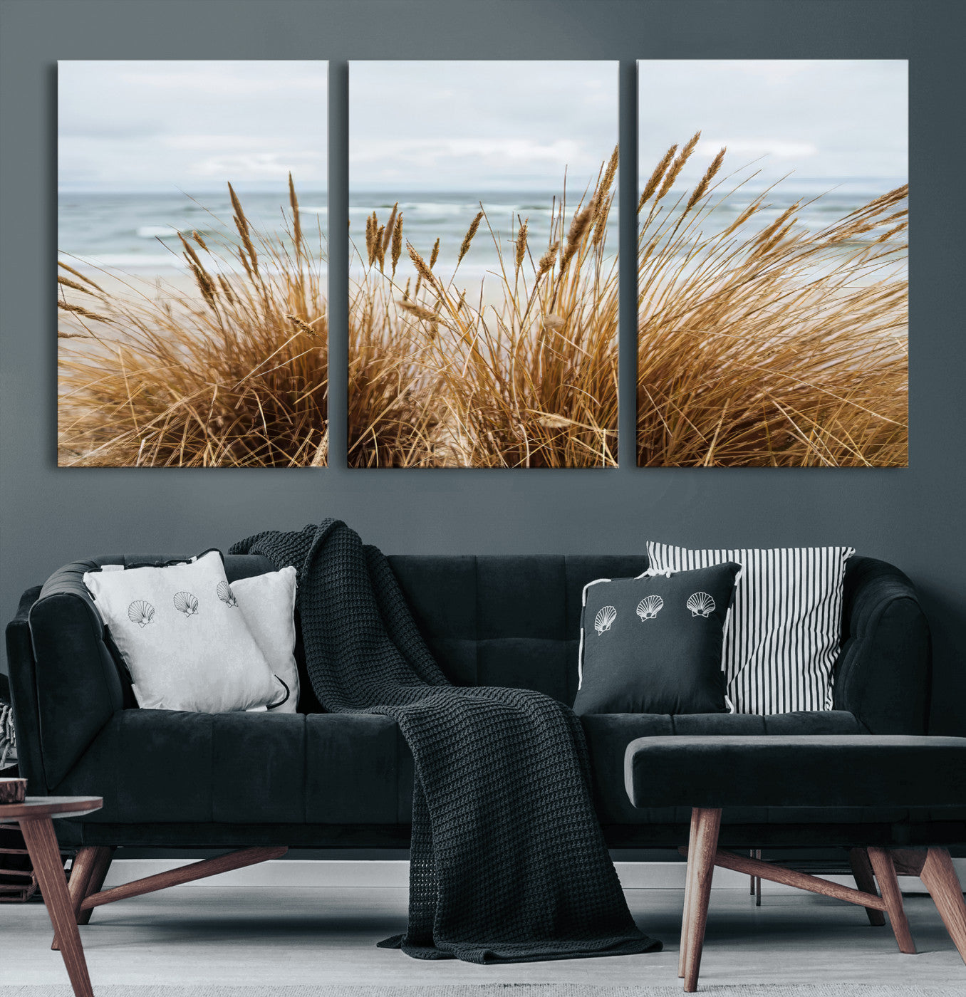 14270839-MGV-CV-60X30-3P-Beach Grass Wall Art – Framed Coastal Dunes Canvas Artwork, Minimal Seaside Design, Modern Coastal Decor for Home, Office