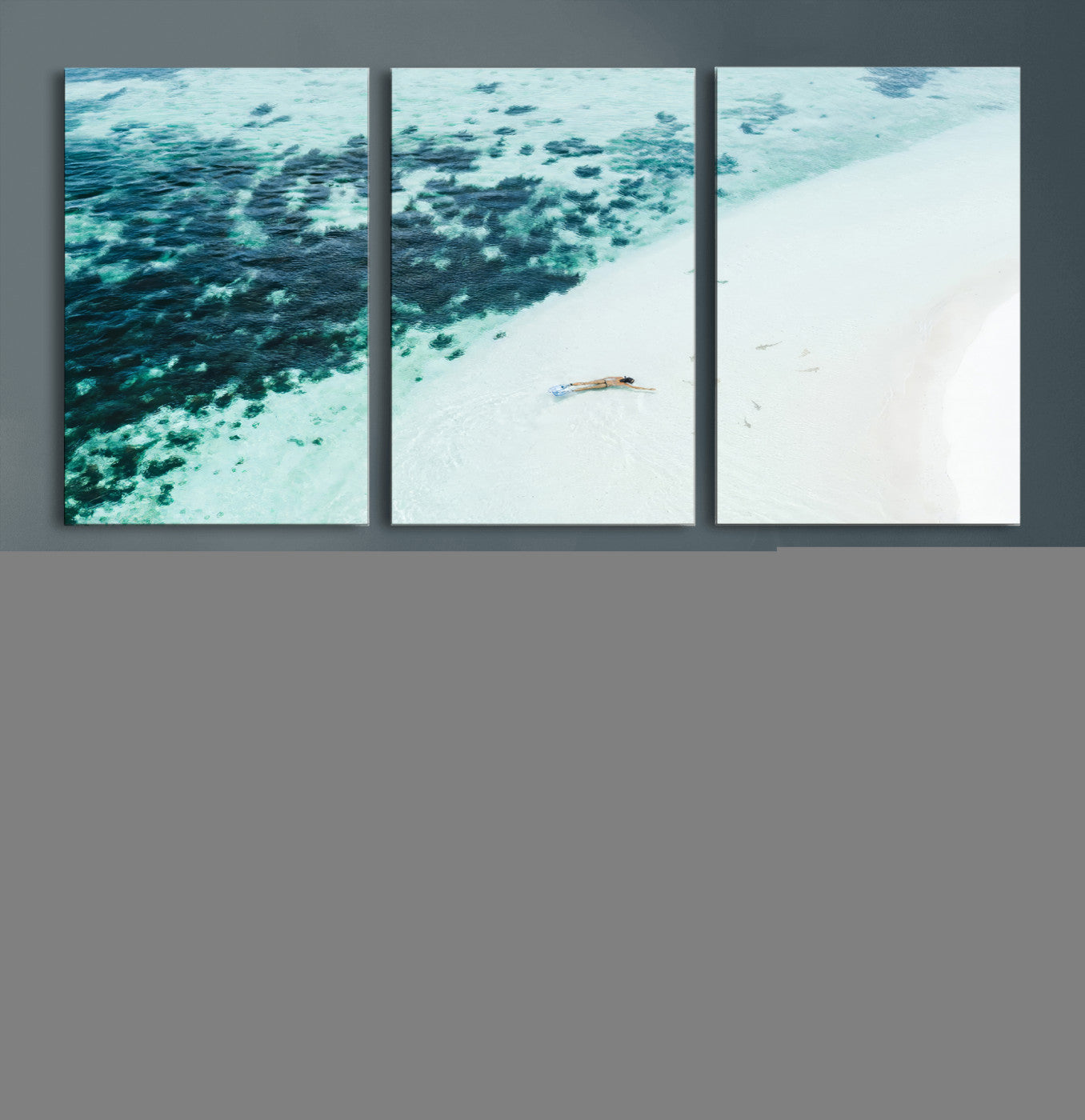 33764764-MGV-CV-60X30-3P-Minimal Beach Wall Art – Framed Ocean Swimming Canvas Artwork, Clear Blue Sea Design, Modern Coastal Decor for Home, Office