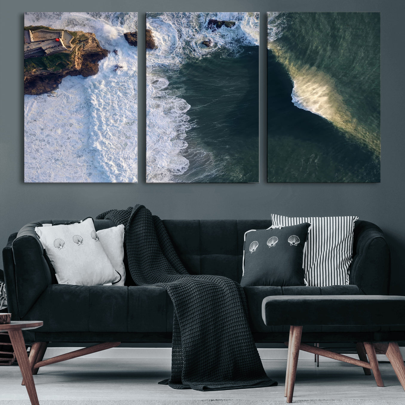 MGV-CV-60X30-3P - Nazaré Coast Wall Art Canvas Print, Framed Aerial Ocean Art Picture Print, Coastal Fortress Perfect Dramatic Coastal Decor Artwork
