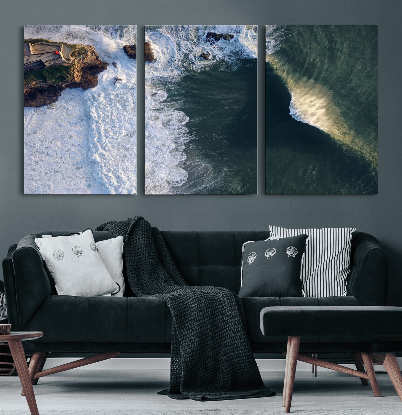 MGV-CV-60X30-3P - Nazaré Coast Wall Art Canvas Print, Framed Aerial Ocean Art Picture Print, Coastal Fortress Perfect Dramatic Coastal Decor Artwork