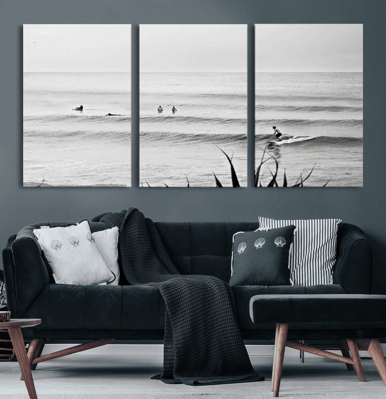 33821421-MGV-CV-60X30-3P-Surfer Silhouette Wall Art – Framed Calm Ocean Canvas Artwork, Monochrome Minimal Design, Modern Coastal Decor for Home, Office