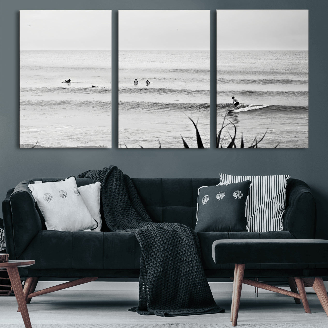 33821421-MGV-CV-36X24 - Surfer Silhouette Wall Art Canvas Print, Framed Calm Ocean Art Picture Print, Monochrome Surf Minimalist Coastal Decor Artwor
