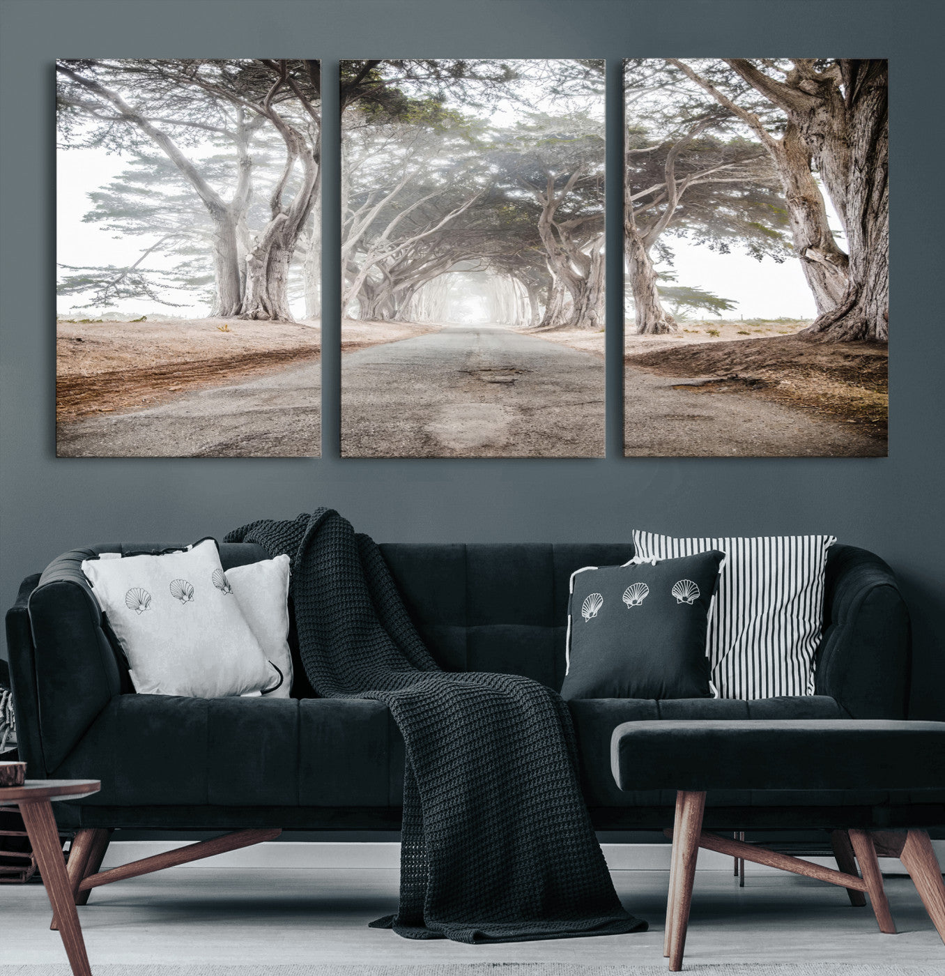 87090469-MGV-CV-60X30-3P-Cypress Tunnel Wall Art – Framed Misty Road Canvas Artwork, Foggy Trees Design, Rustic Woodland Nature Decor for Home, Office