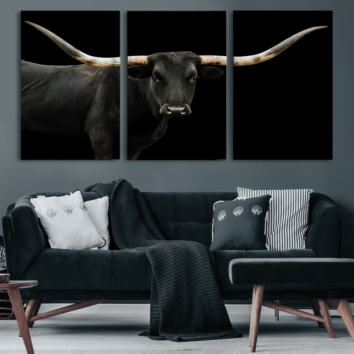 99448328-MGV-CV-60X30-3P-Longhorn Cattle Wall Art Canvas Print – Framed Texas Ranch Scene with Western Cow Artwork for Home, Office, Living Room
