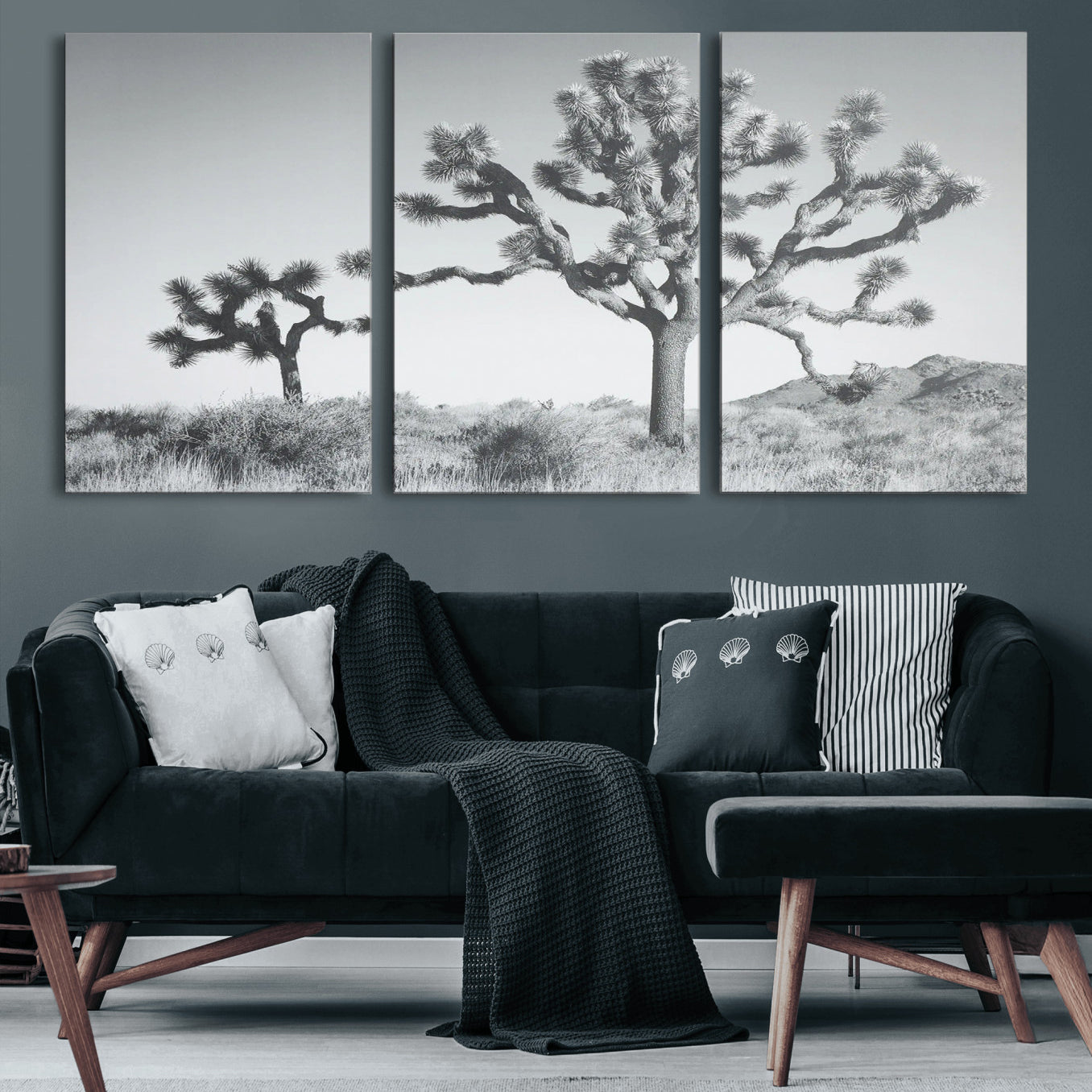 29996209-MGV-CV-60X30-3P-Joshua Tree Wall Art Canvas Print – Framed Black White Desert Landscape Southwestern Nature Artwork for Home Office