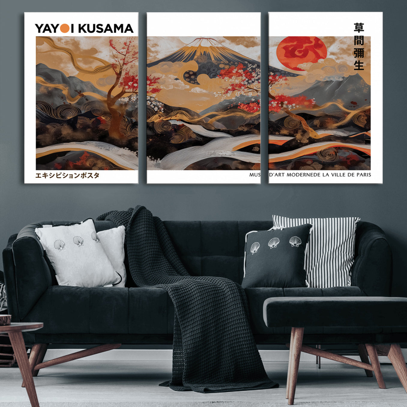 40959107-MGV-CV-60X30-3P-Modern Japanese Wall Art Print Yayoi Kusama Canvas Wall Art Abstract Mount Fuji Canvas Print