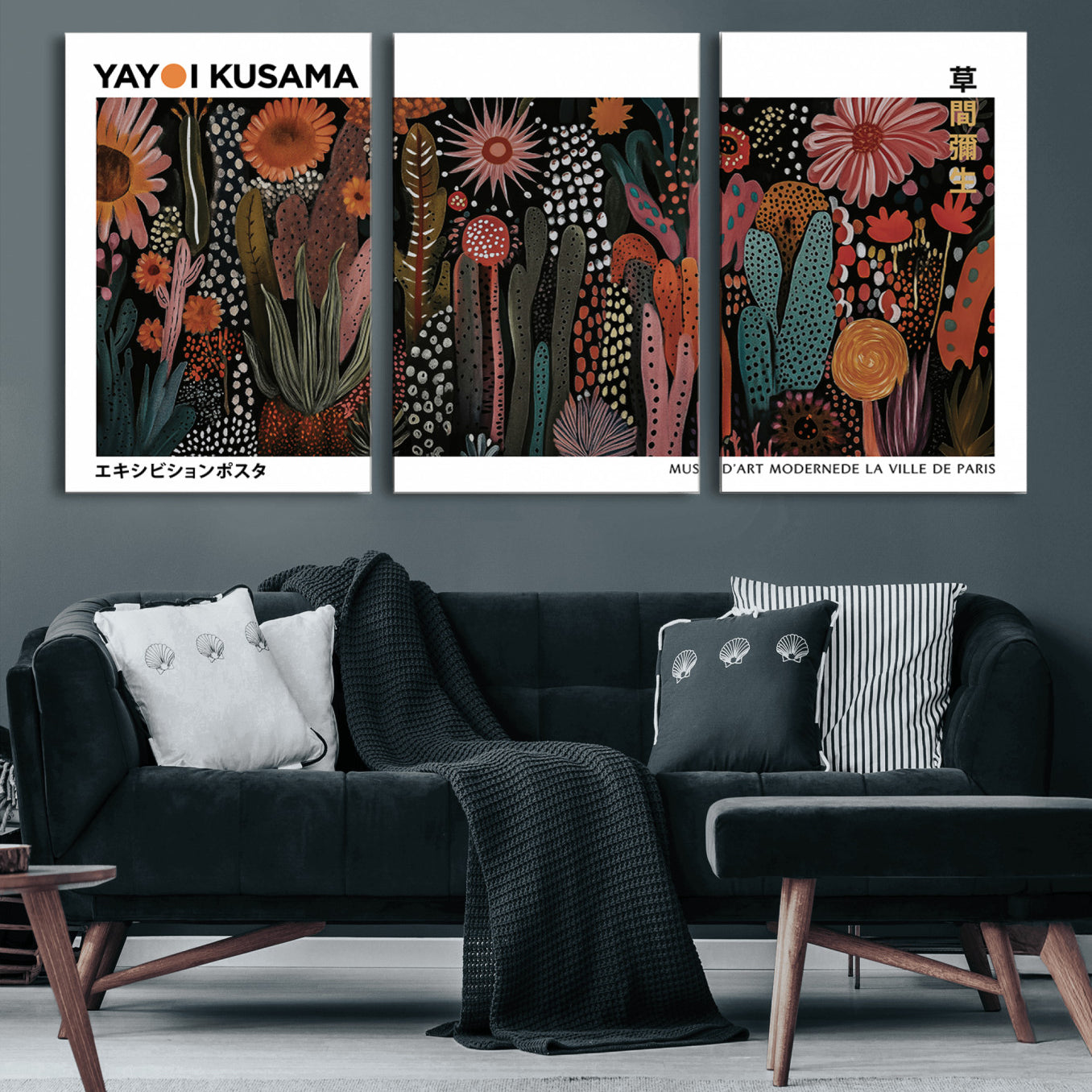70632622-MGV-CV-60X30-3P-Modern Japanese Wall Art Print, Framed Yayoi Kusama Artwork, Abstract Mount Fuji Canvas Print,