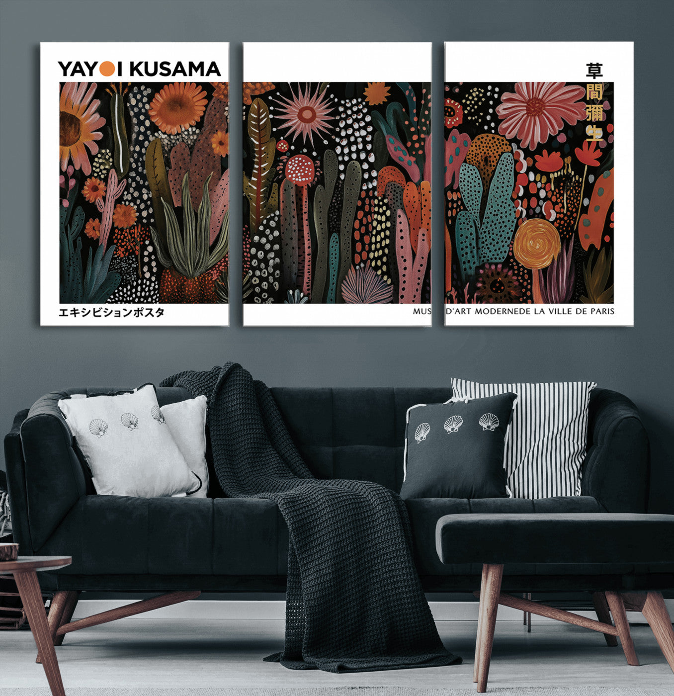 70632622-MGV-CV-60X30-3P-Modern Japanese Wall Art Canvas Print – Framed Abstract Mount Fuji Scene with Yayoi Kusama Artwork for Home, Office
