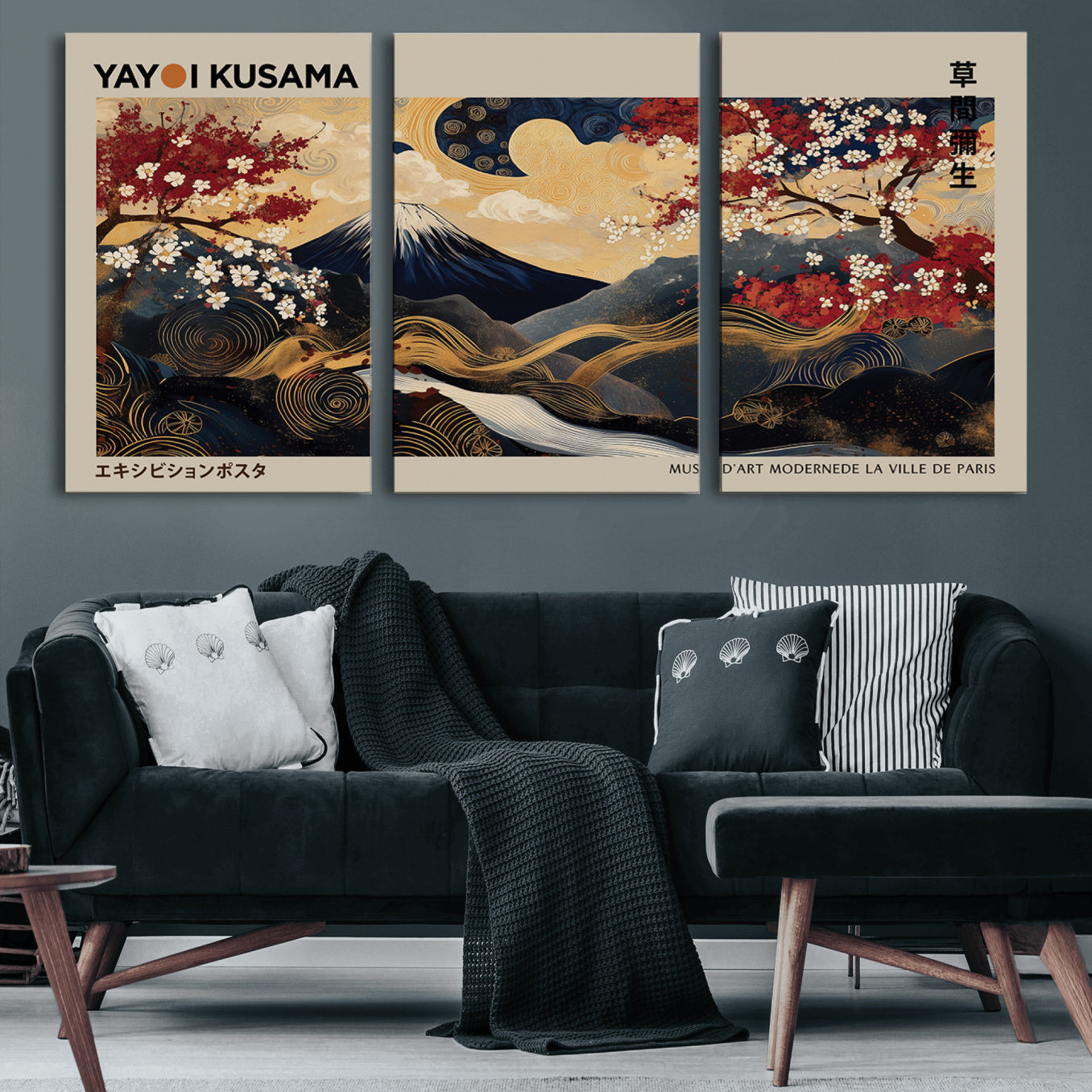 54967195-MGV-CV-60X30-3P-Modern Japanese Wall Art, Yayoi Kusama Japanese Print Wall Art, Abstract Mount Fuji Canvas Print,