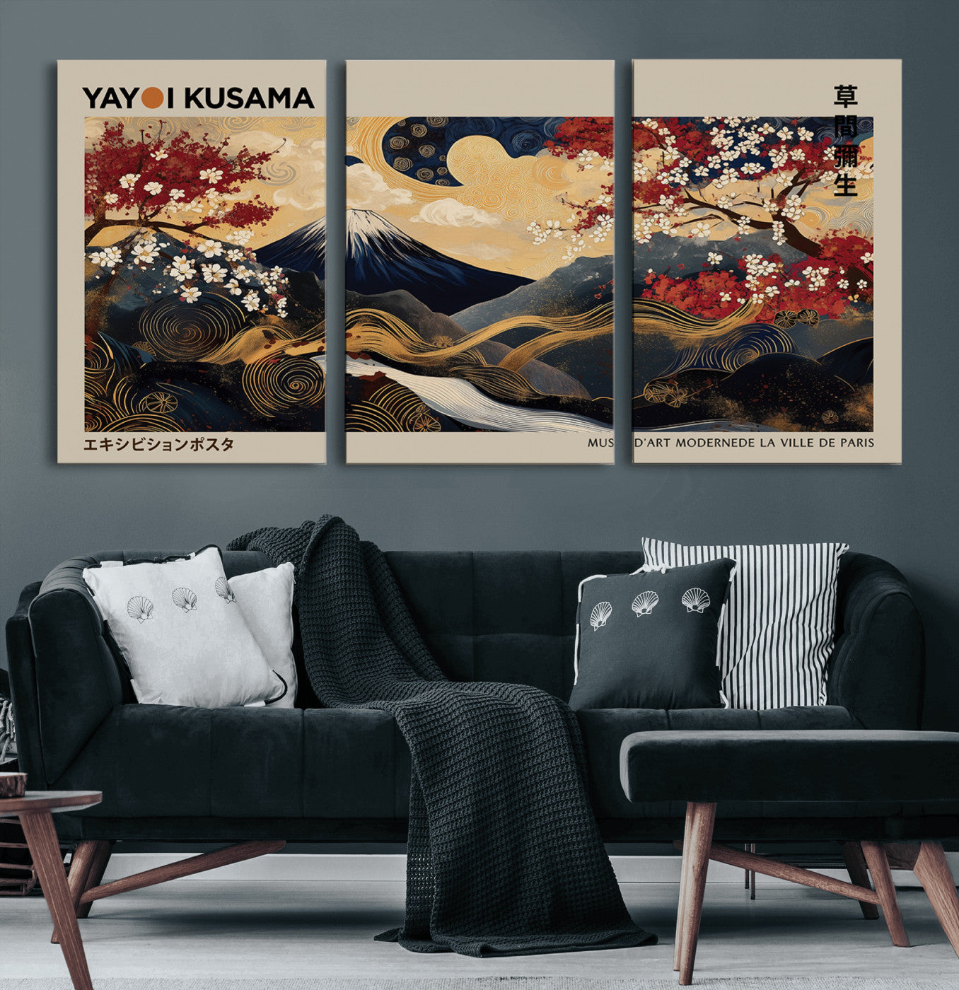 54967195-MGV-CV-60X30-3P-Modern Japanese Wall Art Canvas Print – Framed Abstract Mount Fuji Scene with Yayoi Kusama Japanese Artwork for Home, Office
