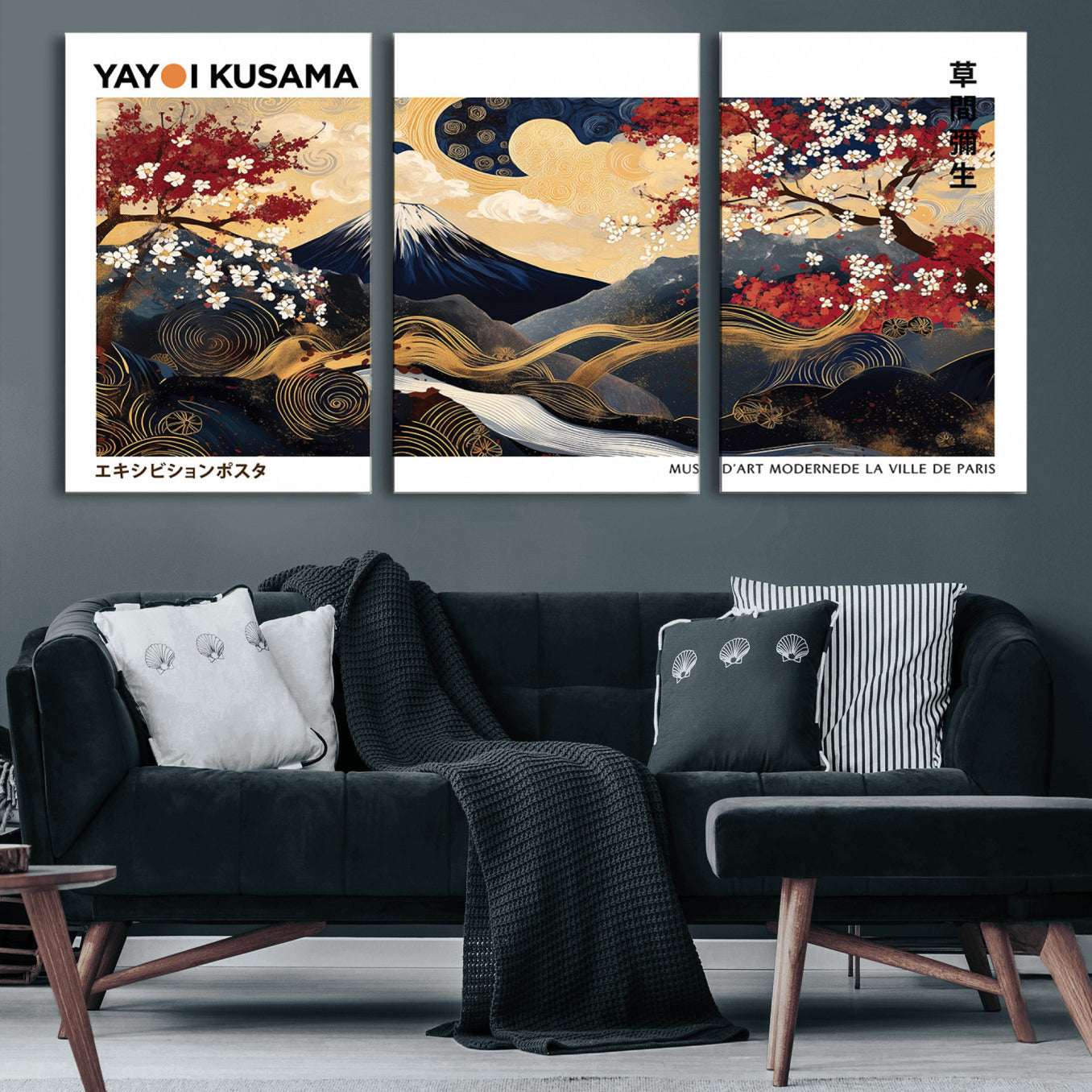 66243961-MGV-CV-36X24-Modern Mount Fuji Wall Art Canvas Print – Framed Abstract Mount Fuji Scene with Yayoi Kusama Artwork for Home, Office