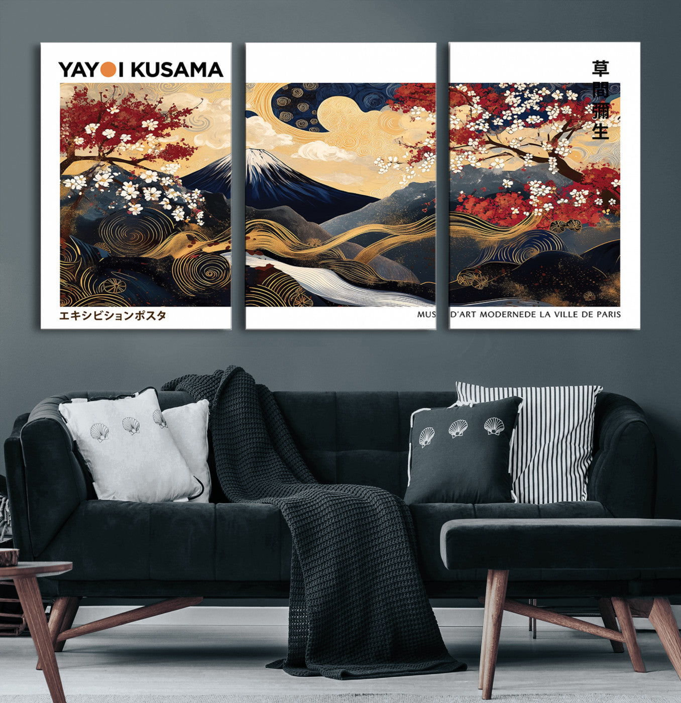 66243961-MGV-CV-36X24-Modern Mount Fuji Wall Art Canvas Print – Framed Abstract Mount Fuji Scene with Yayoi Kusama Artwork for Home, Office