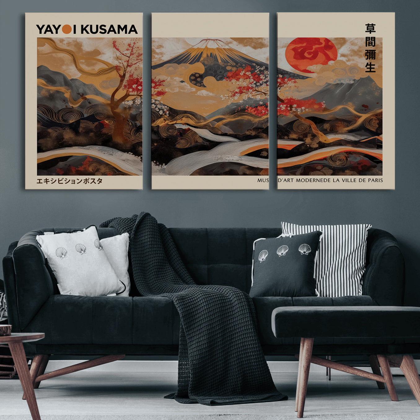 77970791-MGV-CV-60X30-3P-Modern Japanese Wall Art Print Yayoi Kusama Canvas Wall Art Abstract Mount Fuji Canvas Print