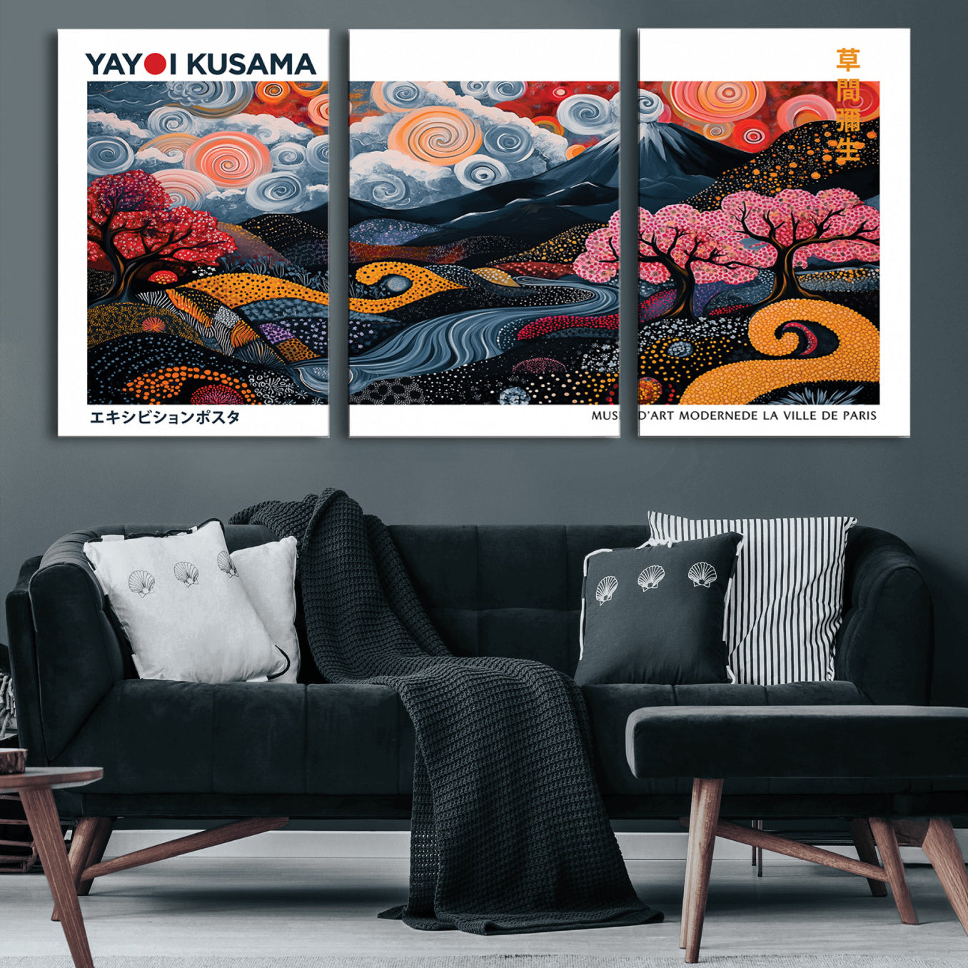 43879290-MGV-CV-60X30-3P-Modern Japanese Wall Art Canvas Print – Framed Abstract Mount Fuji Scene with Yayoi Kusama Artwork for Home, Office