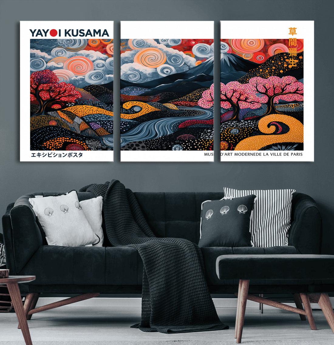 Modern Japanese Wall Art Canvas Print, Framed Abstract Mount Fuji, Yayoi Kusama Wall Art, Japanese Landscape