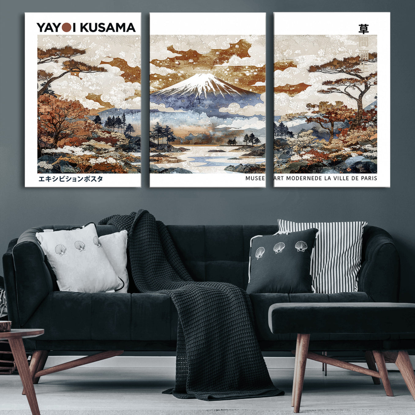 80111817-MGV-CV-60X30-3P-Modern Japanese Mount Fuji Canvas Print, Yayoi Kusama Canvas Wall Art, Abstract Mount Fuji Canvas