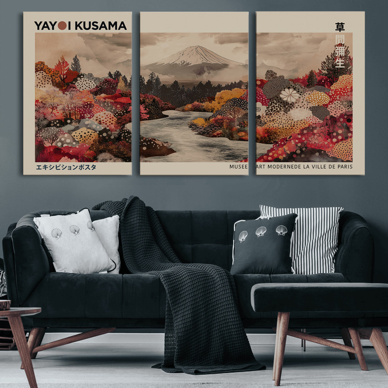 90660838-MGV-CV-60X30-3P-Modern Japanese Wall Art Print Yayoi Kusama Canvas Wall Art Abstract Mount Fuji Canvas Print