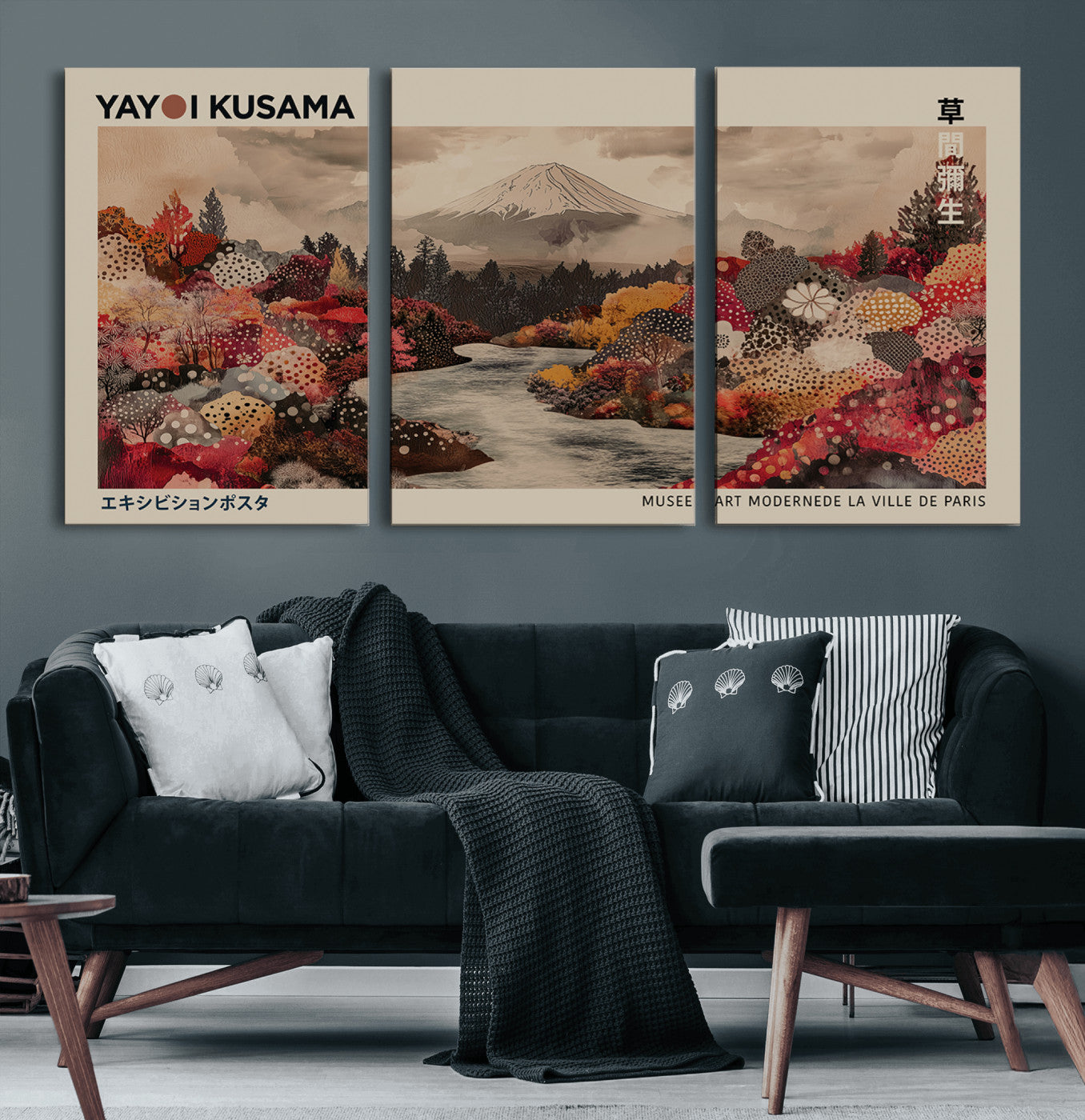 90660838-MGV-CV-60X30-3P-Modern Japanese Wall Art Canvas Print – Framed Abstract Mount Fuji Scene with Yayoi Kusama Artwork for Home, Office