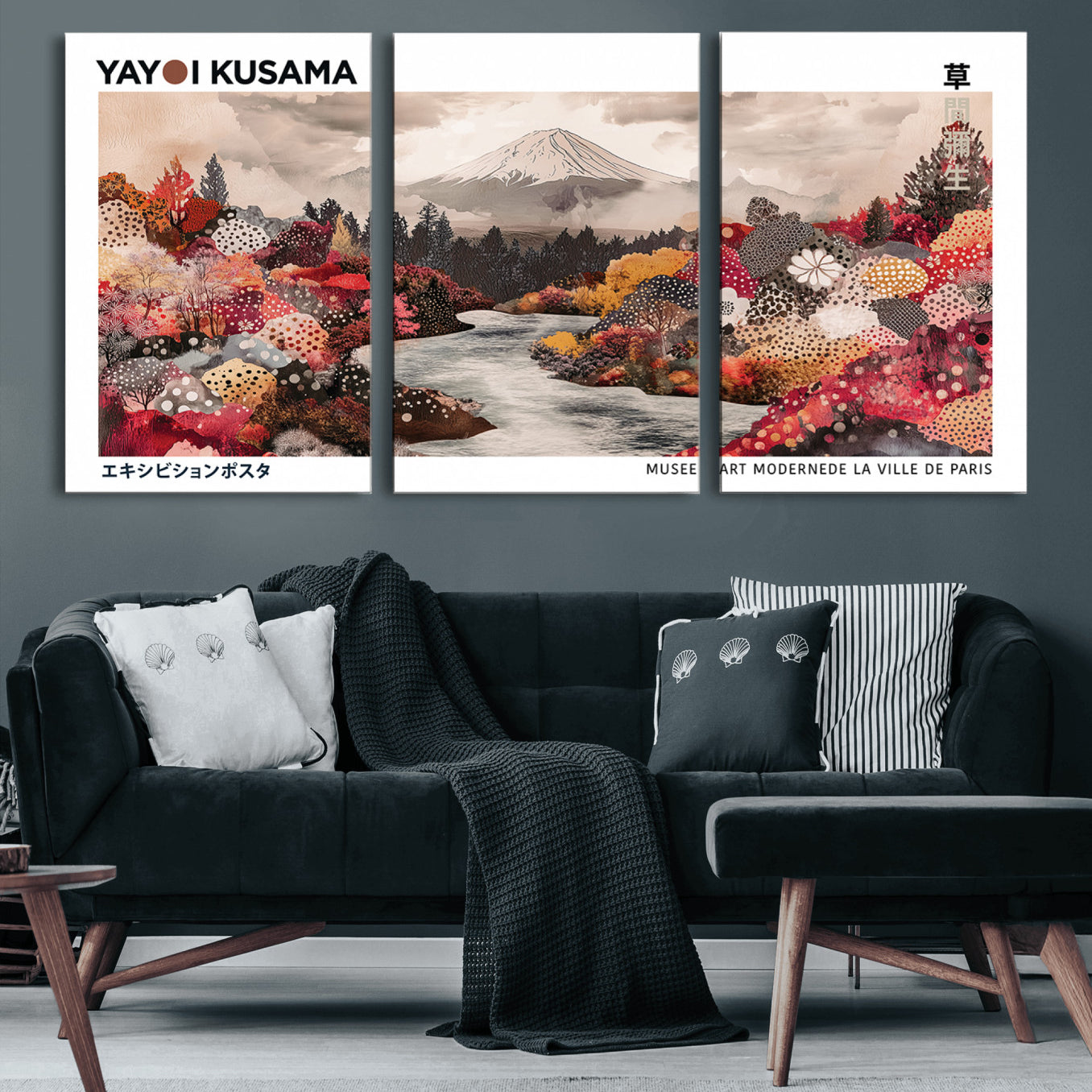 32352074-MGV-CV-60X30-3P-Modern Japanese Wall Art Canvas Print – Framed Abstract Mount Fuji Scene with Yayoi Kusama Artwork for Home, Office