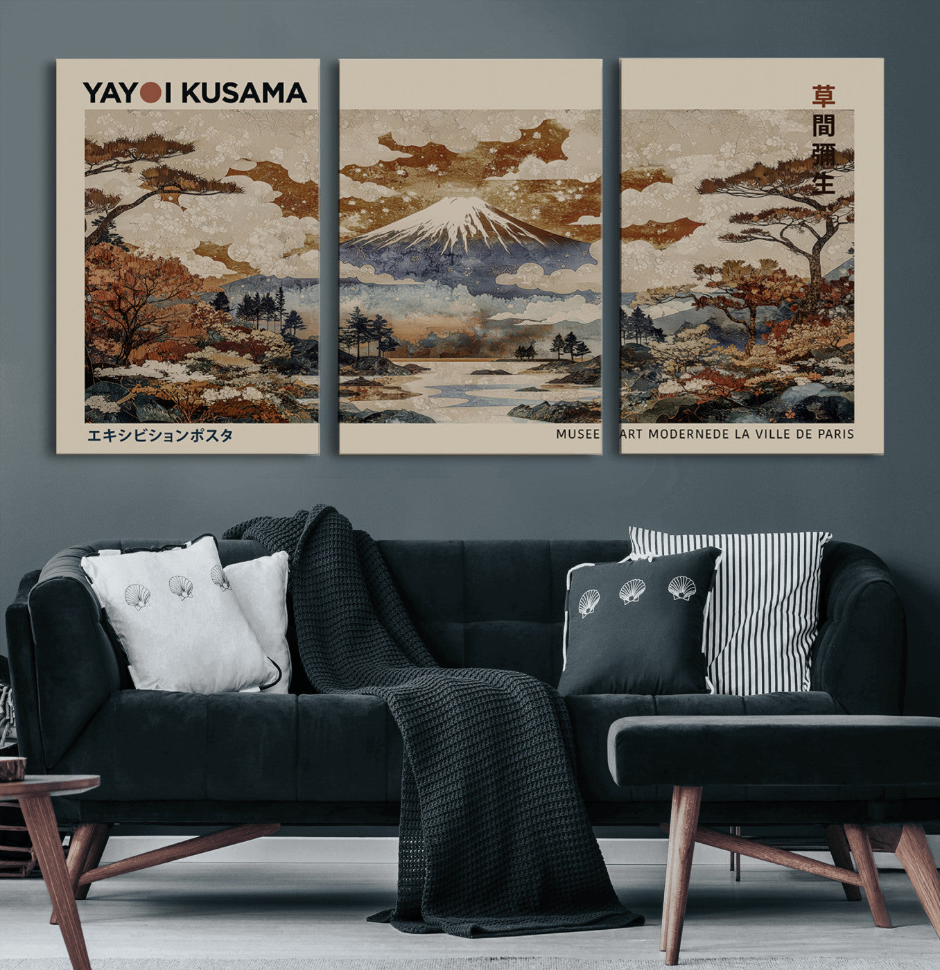 11778299-MGV-CV-60X30-3P-Yayoi Kusama Wall Art Canvas Print – Framed Modern Japanese Abstract Mount Fuji Artwork for Home, Office, Living Room