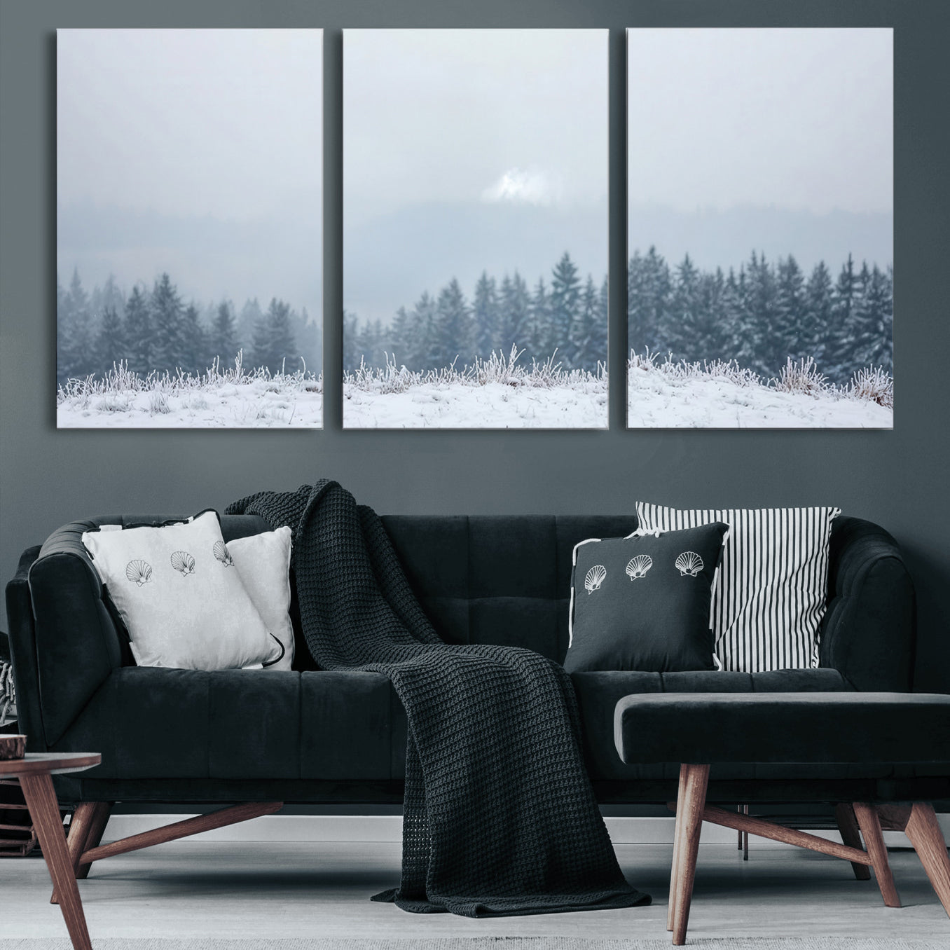 33033082-MGV-CV-60X30-3P-Winter Forest Wall Art Canvas Print – Framed Snowy Landscape Art Picture Misty Tree Scene Artwork for Home Office