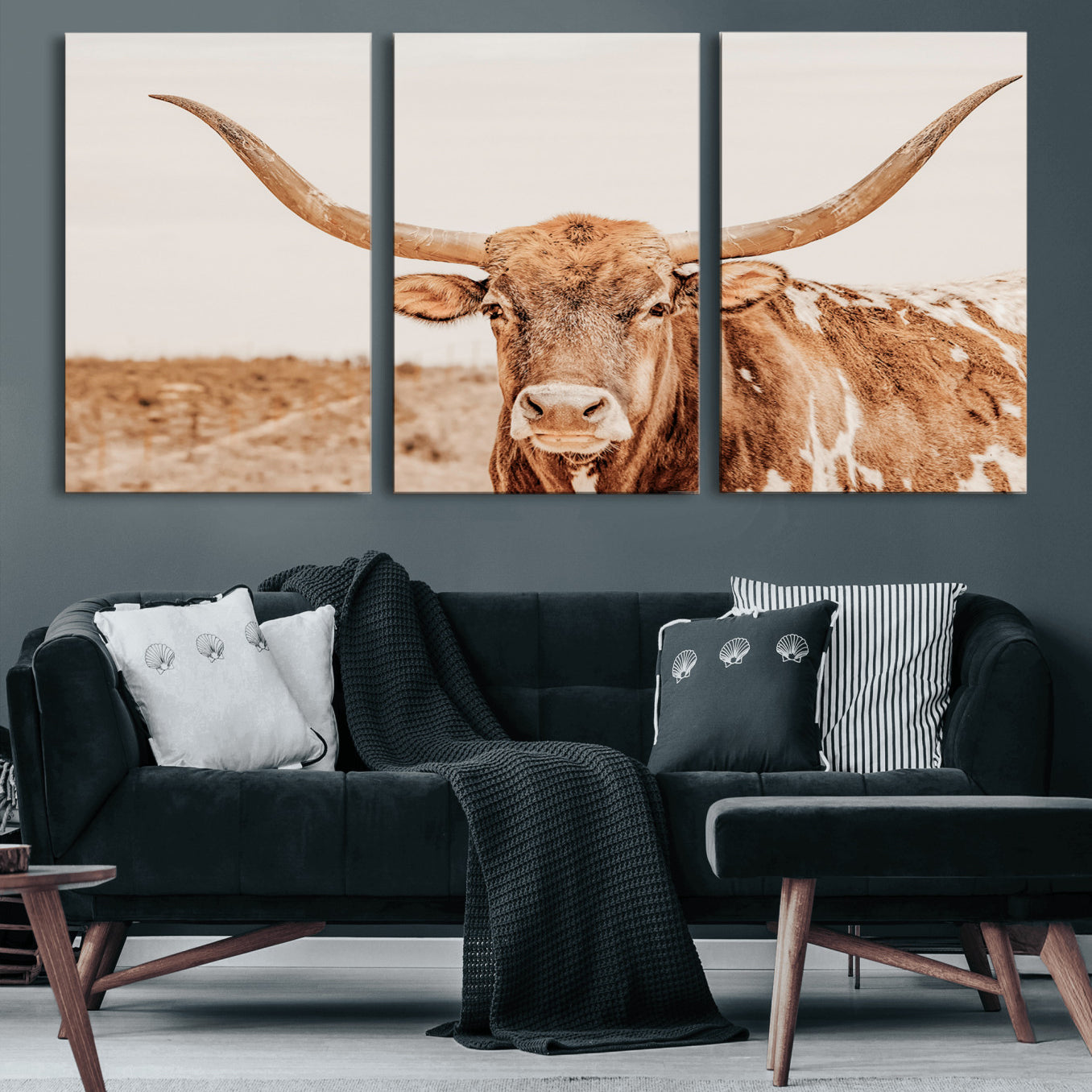 74406977-MGV-CV-60X30-3P-Longhorn Bull Wall Art Canvas Print, Framed Western Cow Art Picture Print, Rustic Farmhouse Perfect Neutral Farmhouse Decor Artwork