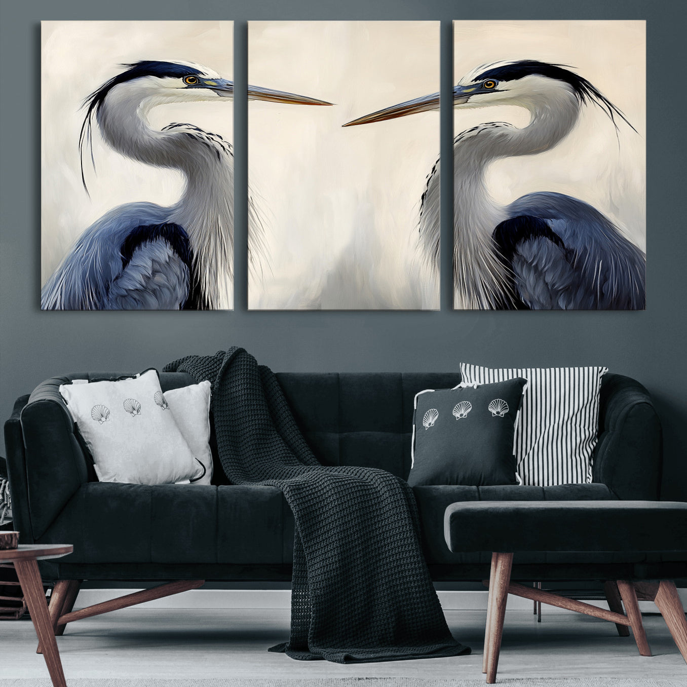 18230556-MGV-CV-60X30-3P-Blue Heron Pair Wall Art Canvas Print – Framed Coastal Bird Tranquil Wildlife Scene Minimalist Nature Artwork for Home Office