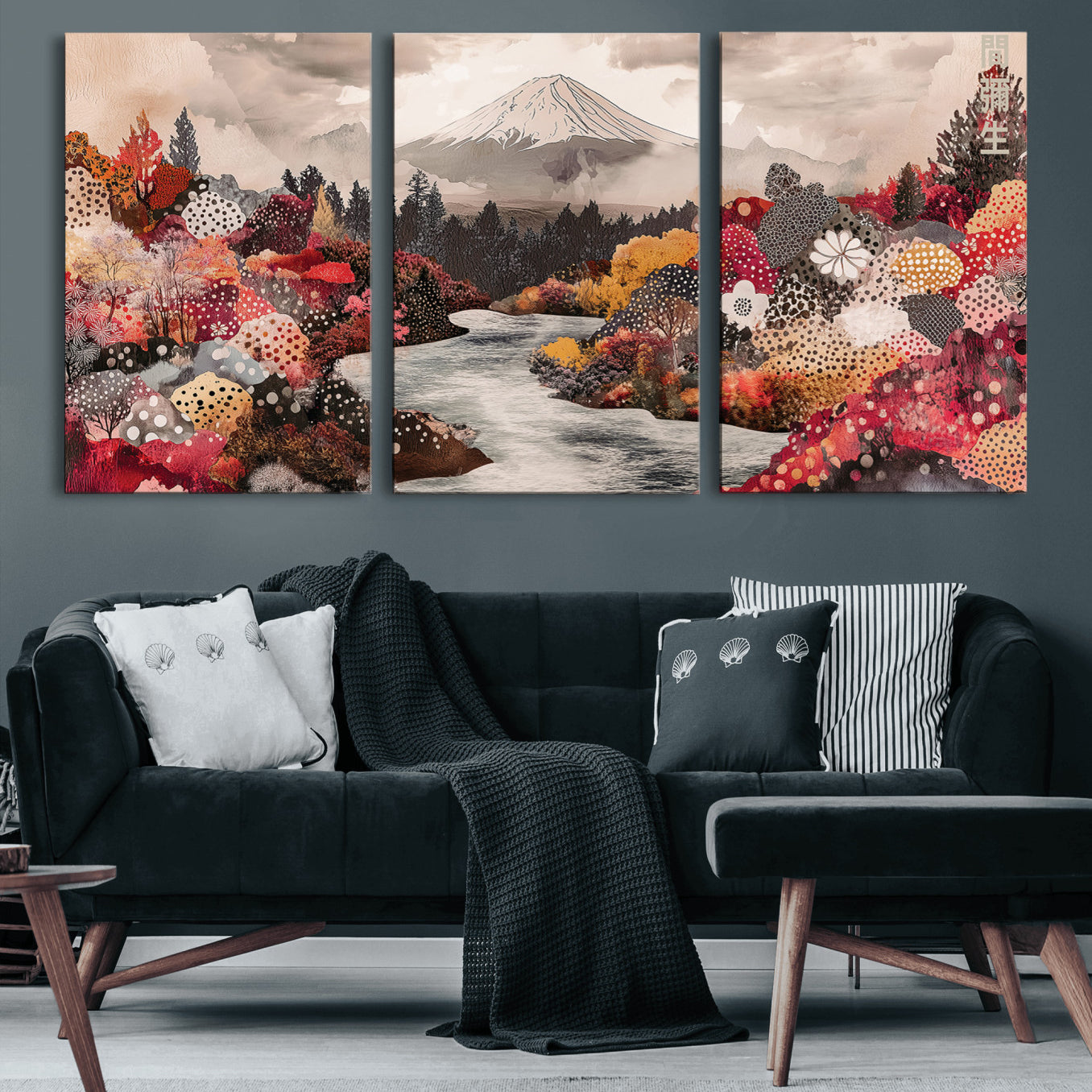 37138418-MGV-CV-60X30-3P-Mountain Wall Art Canvas Print – Framed Autumn Forest Cottagecore Landscape Boho Nature Artwork for Home Office