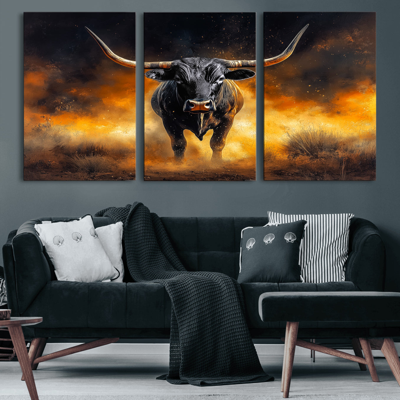 58293979-MGV-CV-60X30-3P-Longhorn Canvas Wall Art Canvas Print, Framed Bold Bull Wall Art Art Picture Print, Western Animal Decor Perfect Western Dramatic Decor Artwork