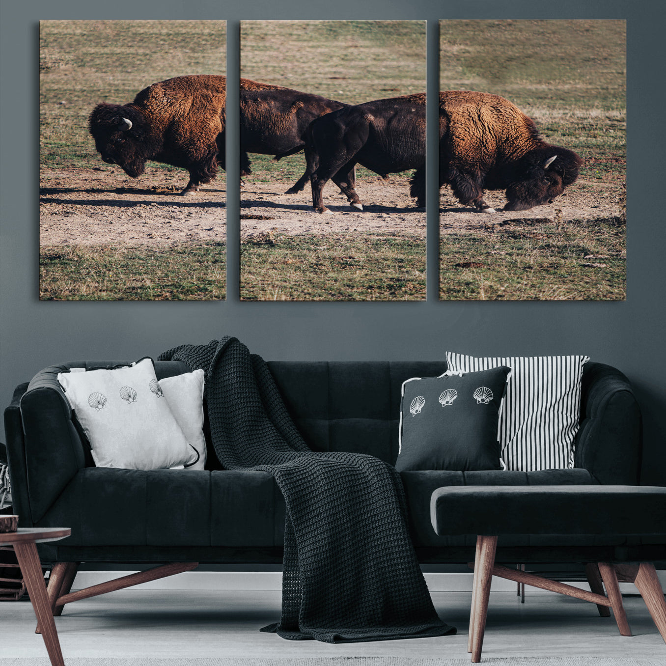 58141885-MGV-CV-60X30-3P-Bison Wall Art Canvas Print – Framed Western Wildlife Modern Ranch Rustic Nature Scene Artwork for Home Office