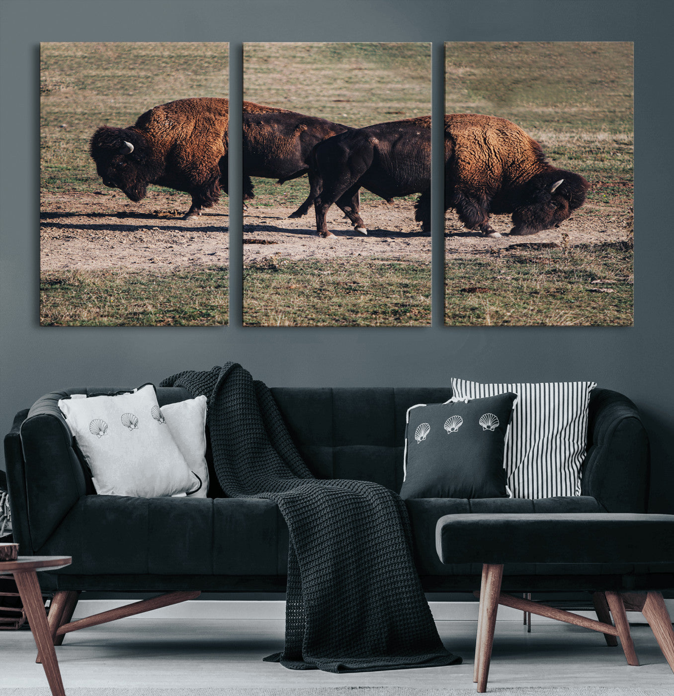 58141885-MGV-CV-60X30-3P-Bison Wall Art Canvas Print – Framed Western Wildlife Modern Ranch Rustic Nature Scene Artwork for Home Office