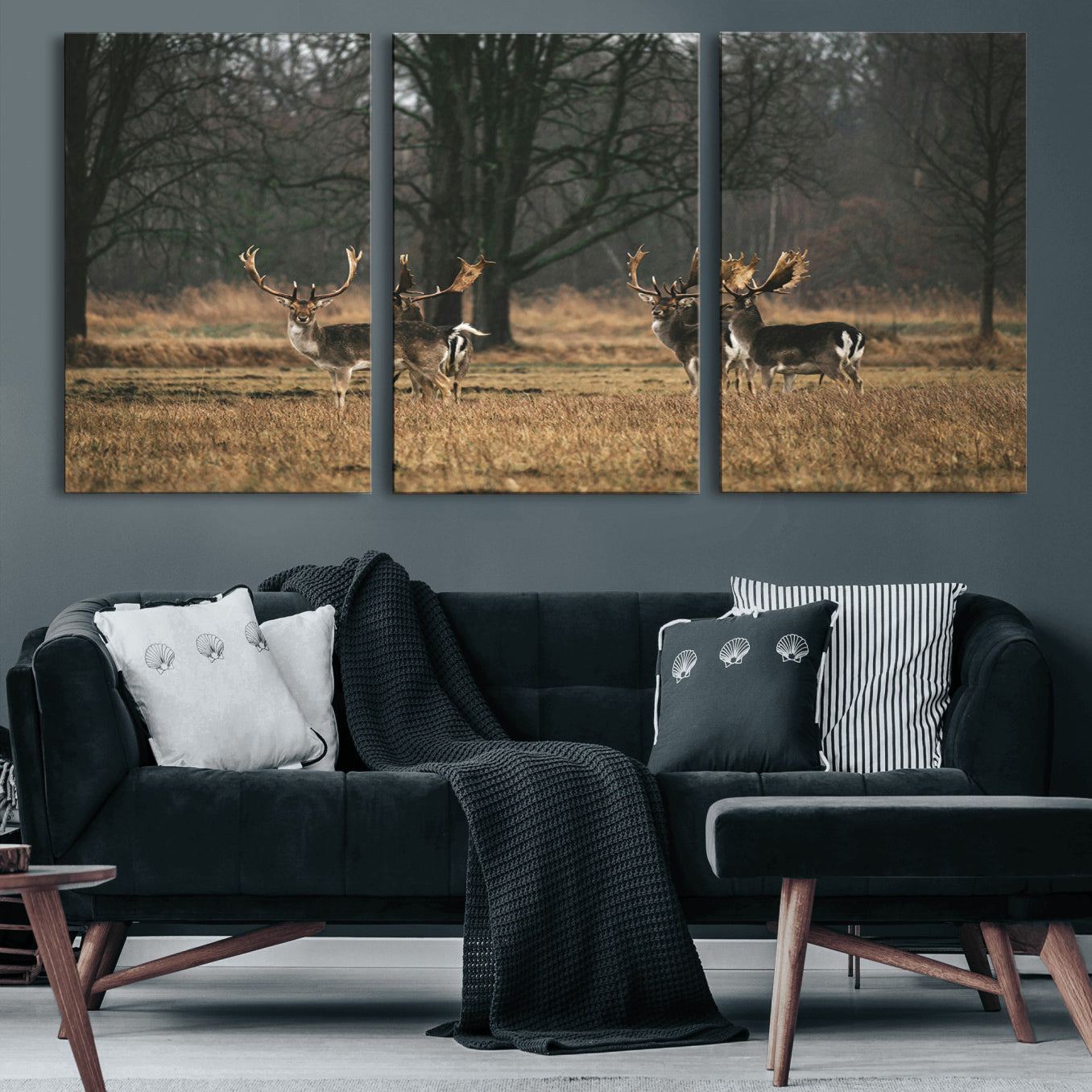 55348744-MGV-CV-60X30-3P-Deer Wall Art Canvas Print – Framed Rustic Wildlife Stags Forest Nature Scene Artwork for Home, Office, Living Room