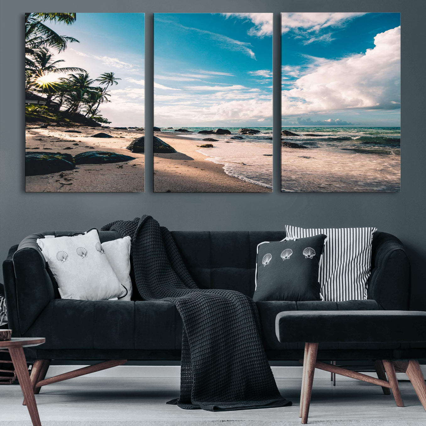 95301406-MGV-CV-60X30-3P-Tropical Beach Wall Art Canvas Print – Framed Ocean Waves Relaxing Seascape Coastal Nature Scene Artwork for Home Office