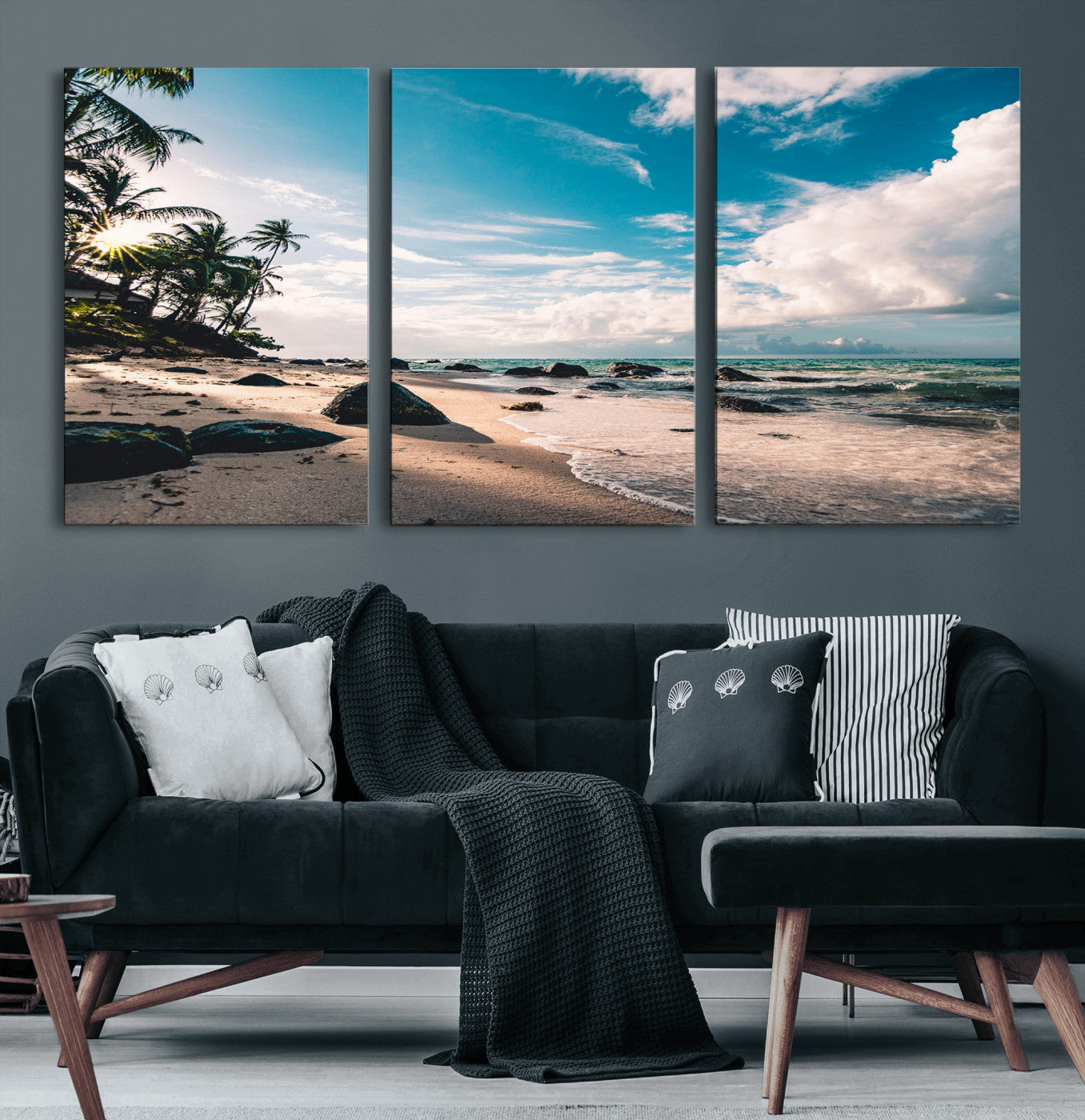 95301406-MGV-CV-60X30-3P-Tropical Beach Wall Art Canvas Print – Framed Ocean Waves Relaxing Seascape Coastal Nature Scene Artwork for Home Office