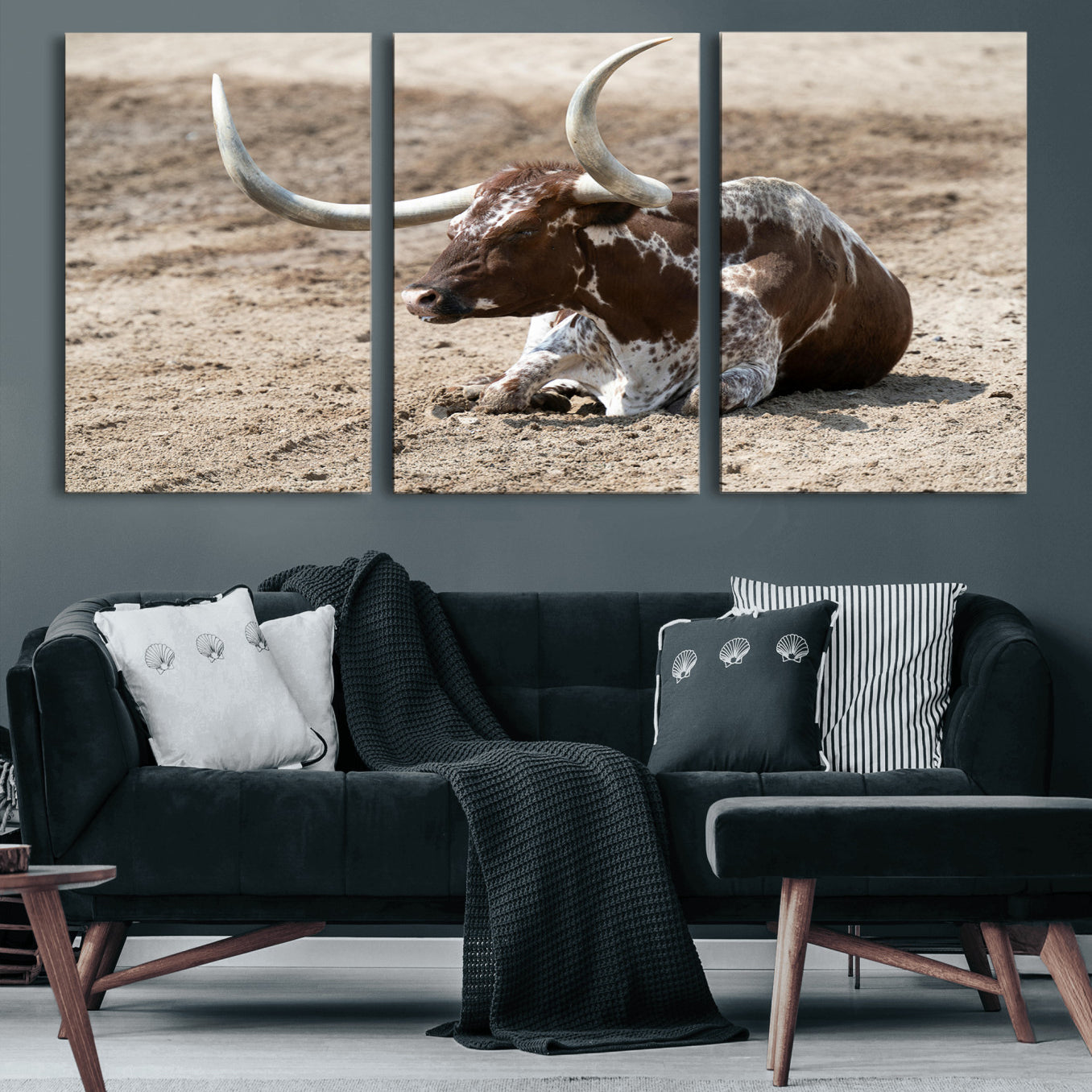 76549210-MGV-CV-60X30-3P-Texas Longhorn Wall Art Canvas Print – Framed Country Living Farmhouse Rustic Cattle Scene Artwork for Home Office