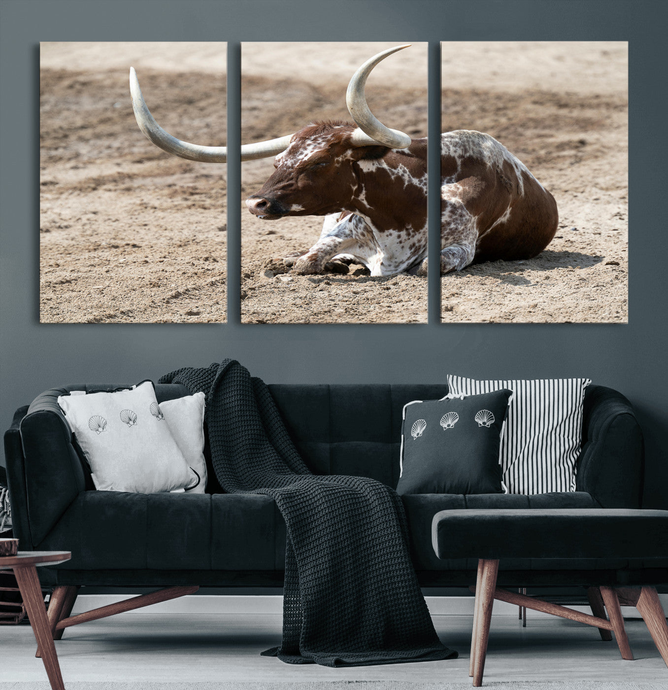 76549210-MGV-CV-60X30-3P-Texas Longhorn Wall Art Canvas Print – Framed Country Living Farmhouse Rustic Cattle Scene Artwork for Home Office