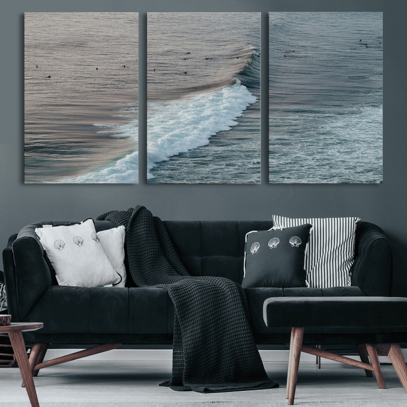 23077324-MGV-CV-60X30-3P-Ocean Waves Wall Art Canvas Print – Framed Coastal Serenity Surf Nature Scene Artwork for Home Office