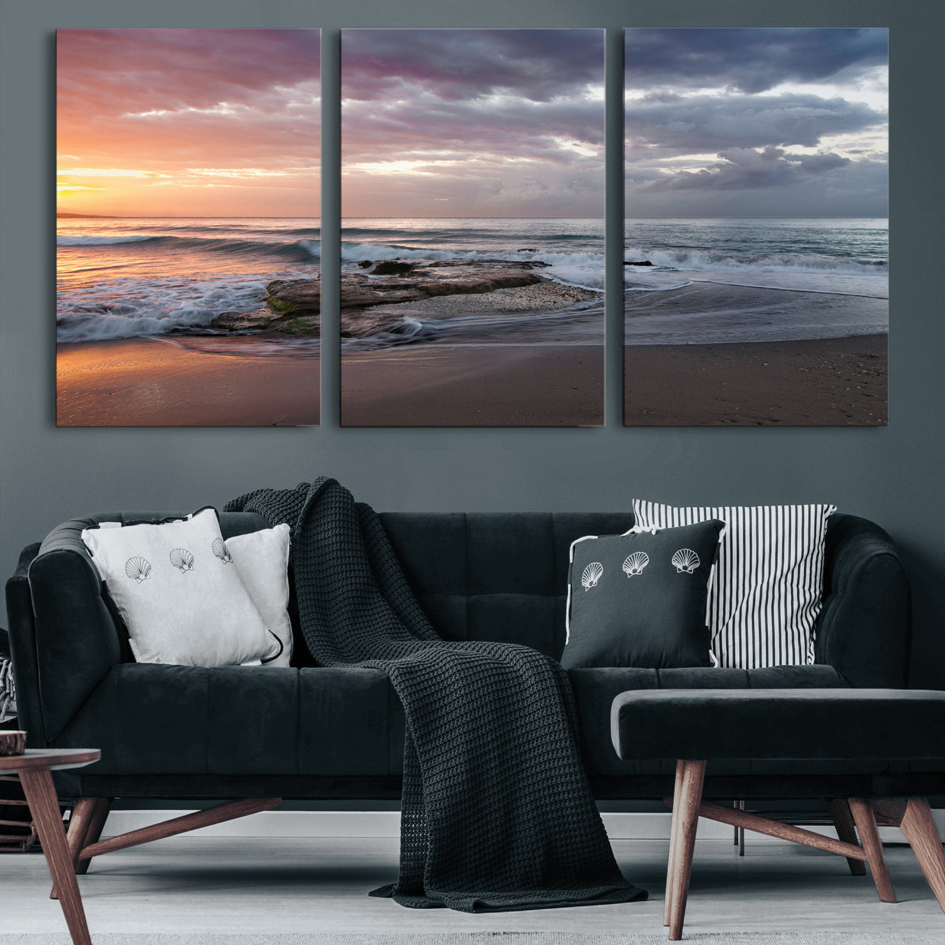94208089-MGV-CV-60X30-3P-Golden Hour Wall Art Canvas Print – Framed Tranquil Waves Beach Coastal Serenity Nature Scene Artwork for Home Office