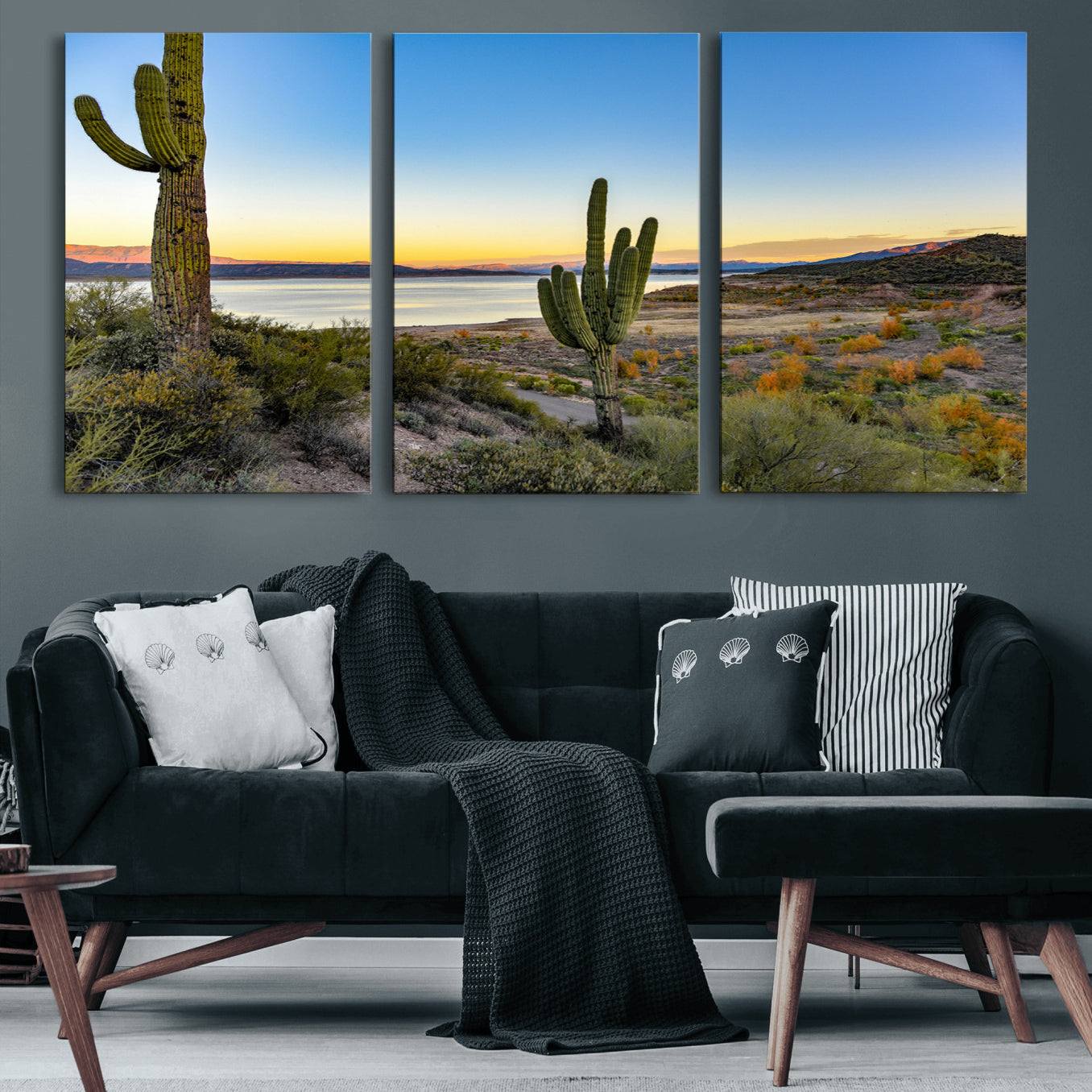 52844711-MGV-CV-60X30-3P-Saguaro Cactus Wall Art Canvas Print – Framed Desert Sunset Southwestern Nature Scene Artwork for Home Office