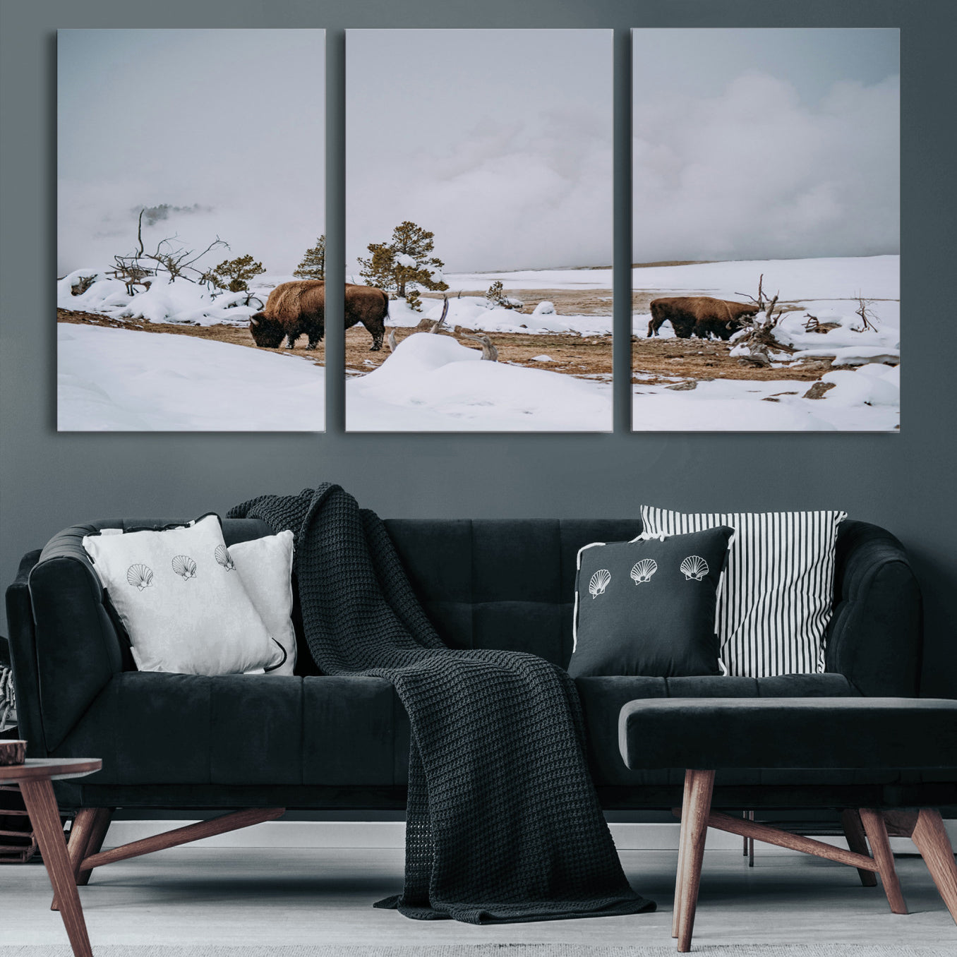 60308289-MGV-CV-60X30-3P-Bison Wildlife Wall Art Canvas Print – Framed Snowy Prairie Western Rustic Nature Scene Artwork for Home Office