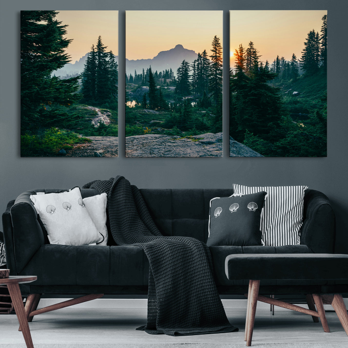 66397982-MGV-CV-60X30-3P-Mountain Wall Art Canvas Print – Framed Forest Serenity Mountain Nature Scene Artwork for Home Office