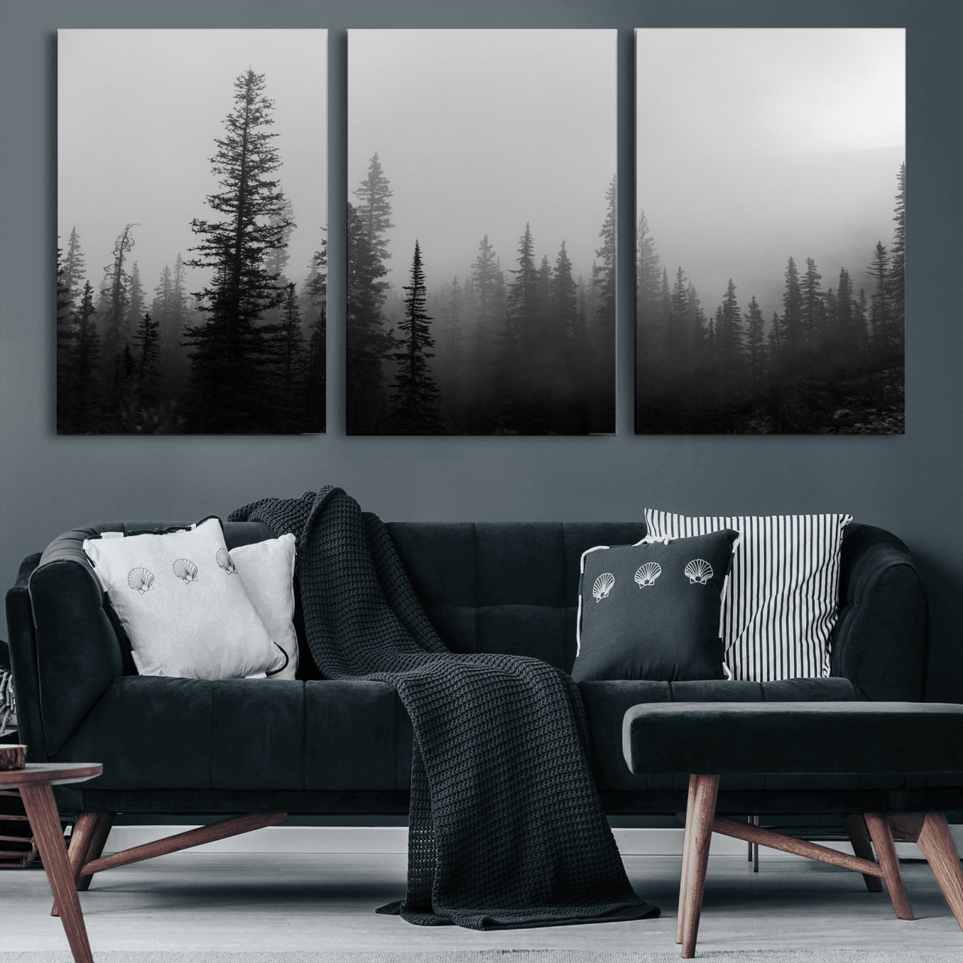73138900-MGV-CV-60X30-3P-Misty Pines Wall Art Canvas Print – Framed Woodland Minimalist Rustic Nature Scene Photography Artwork for Home Office