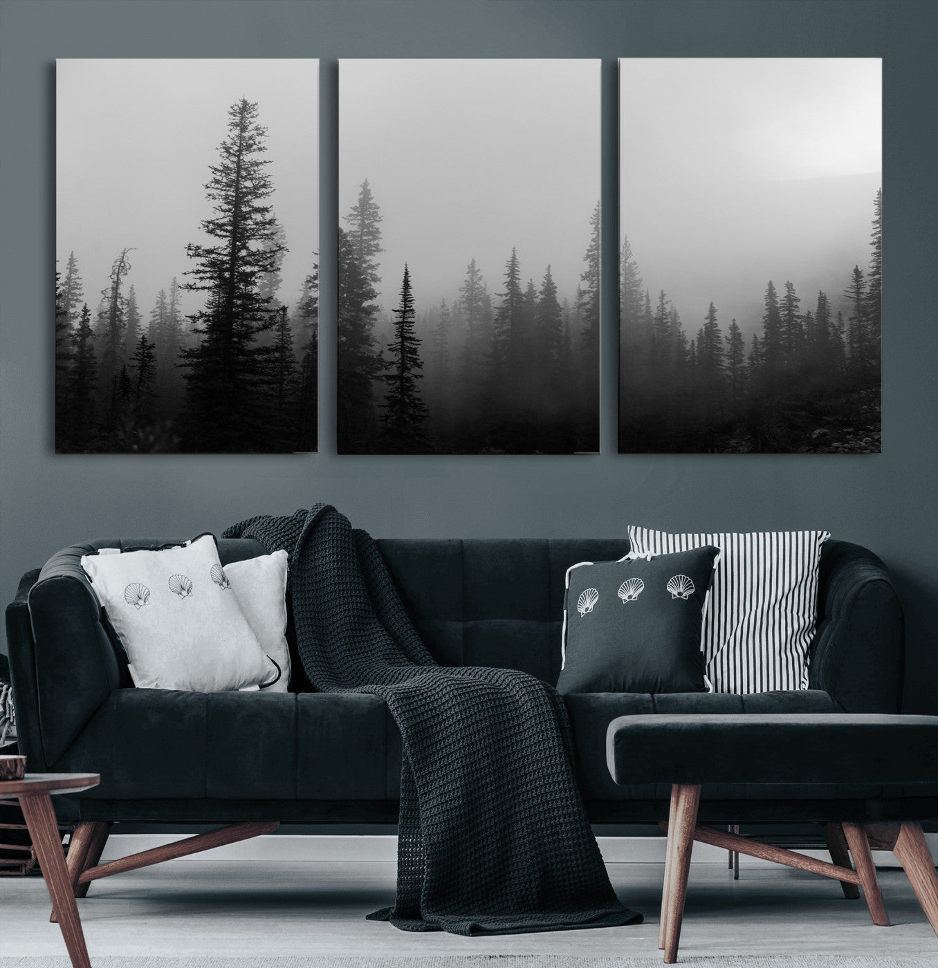 73138900-MGV-CV-60X30-3P-Misty Pines Wall Art Canvas Print – Framed Woodland Minimalist Rustic Nature Scene Photography Artwork for Home Office