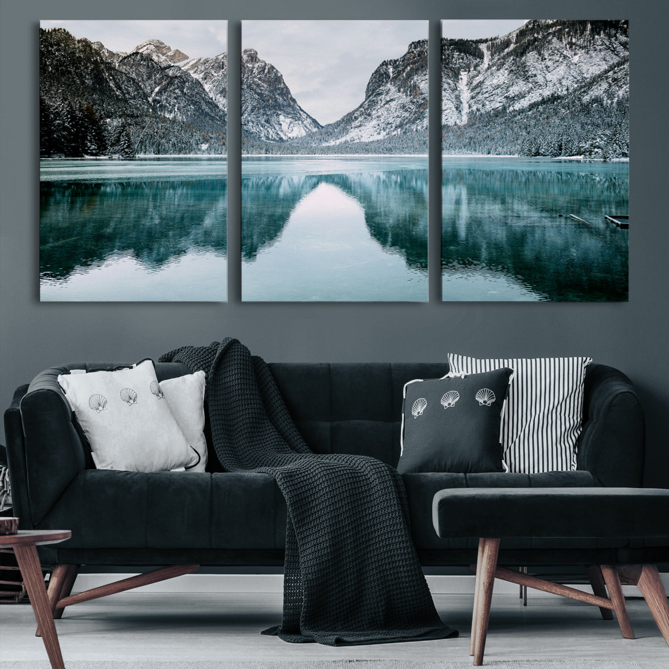-Mountain Lake Wall Art Canvas Print – Snowy Peaks Winter Wonderland Scene Serene Nature Landscape Artwork for Home Office