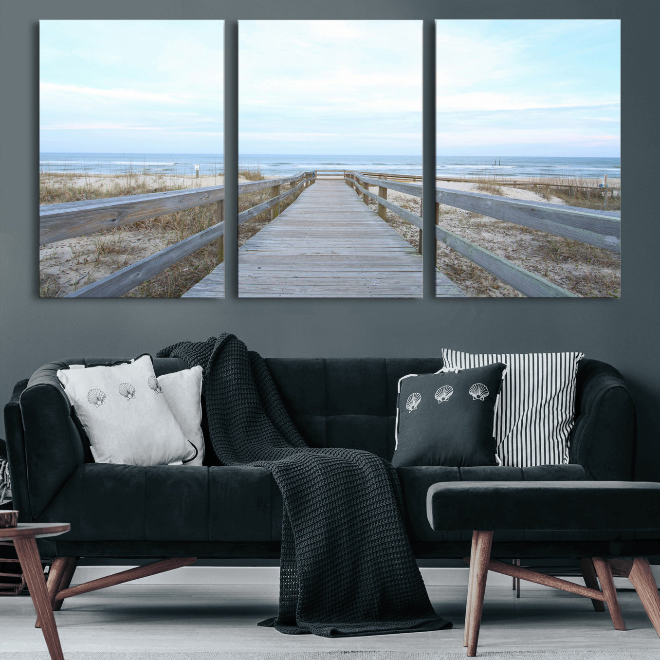 31602988-MGV-CV-60X30-3P-Beach Boardwalk Wall Art Canvas Print – Framed Coastal Serenity Ocean View Nature Scene Artwork for Home Office