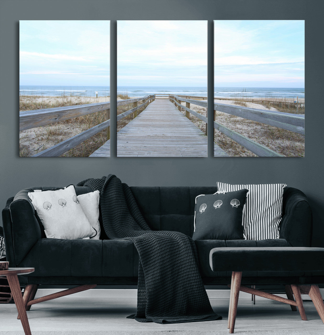 31602988-MGV-CV-60X30-3P-Beach Boardwalk Wall Art Canvas Print – Framed Coastal Serenity Ocean View Nature Scene Artwork for Home Office