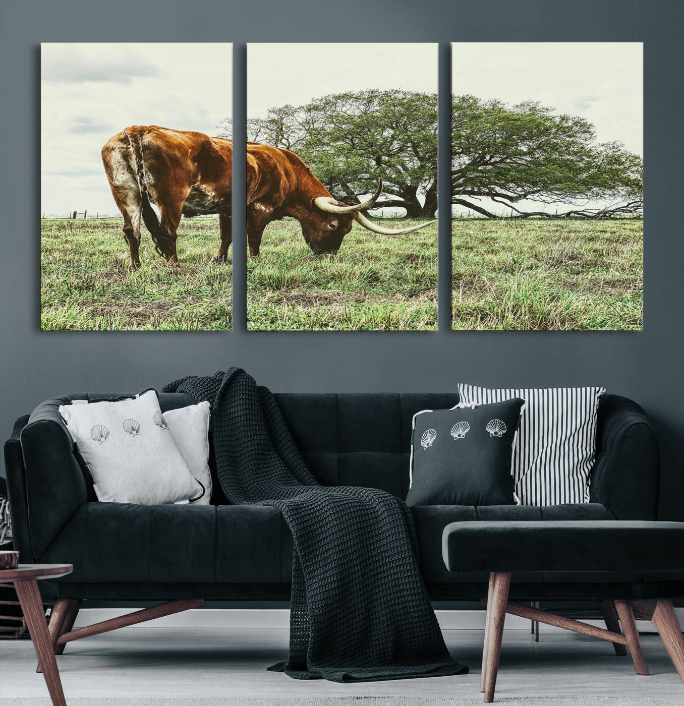 91866234-MGV-CV-36X24-Texas Longhorn Wall Art Canvas Print – Rustic Western Ranch Scene Cattle Country Farmhouse Artwork for Home Office