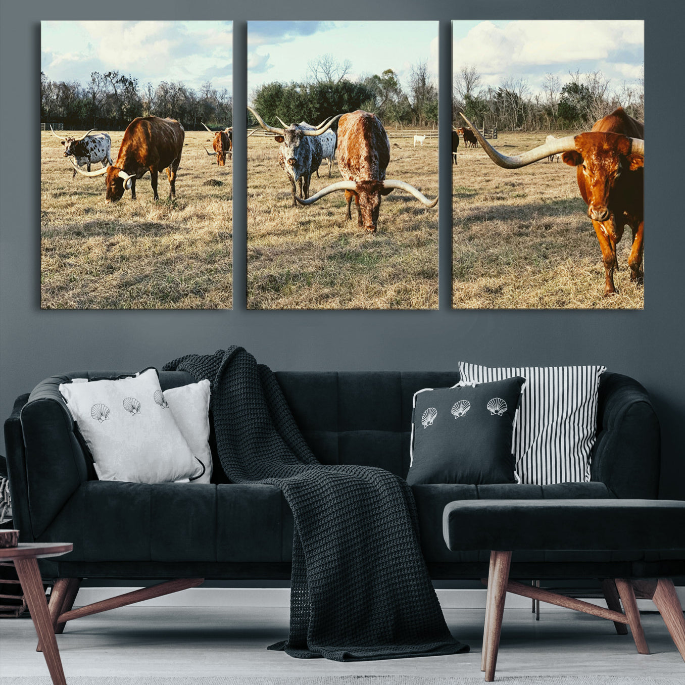 -Texas Longhorns Wall Art Canvas Print – Rustic Western Farm Scene Cattle Country Landscape Artwork for Home Office